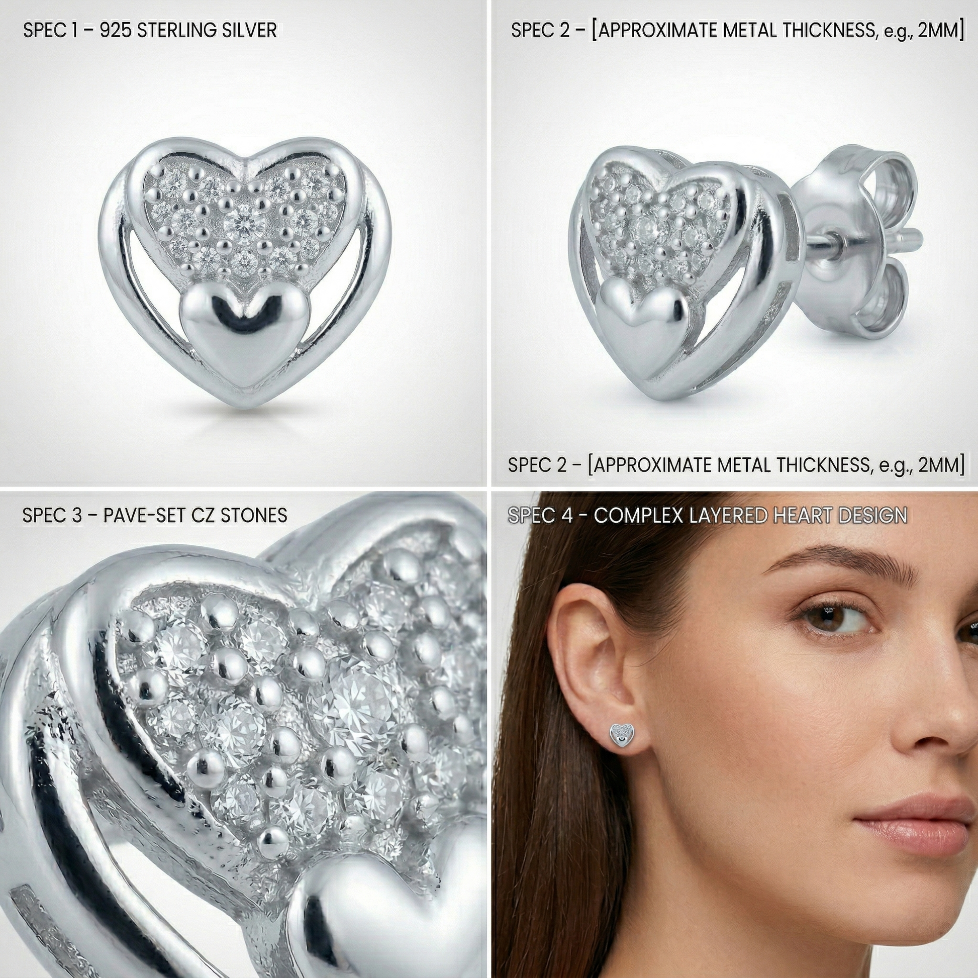 Nested Double-Heart Stone-Set Stud Earrings, close-up detail