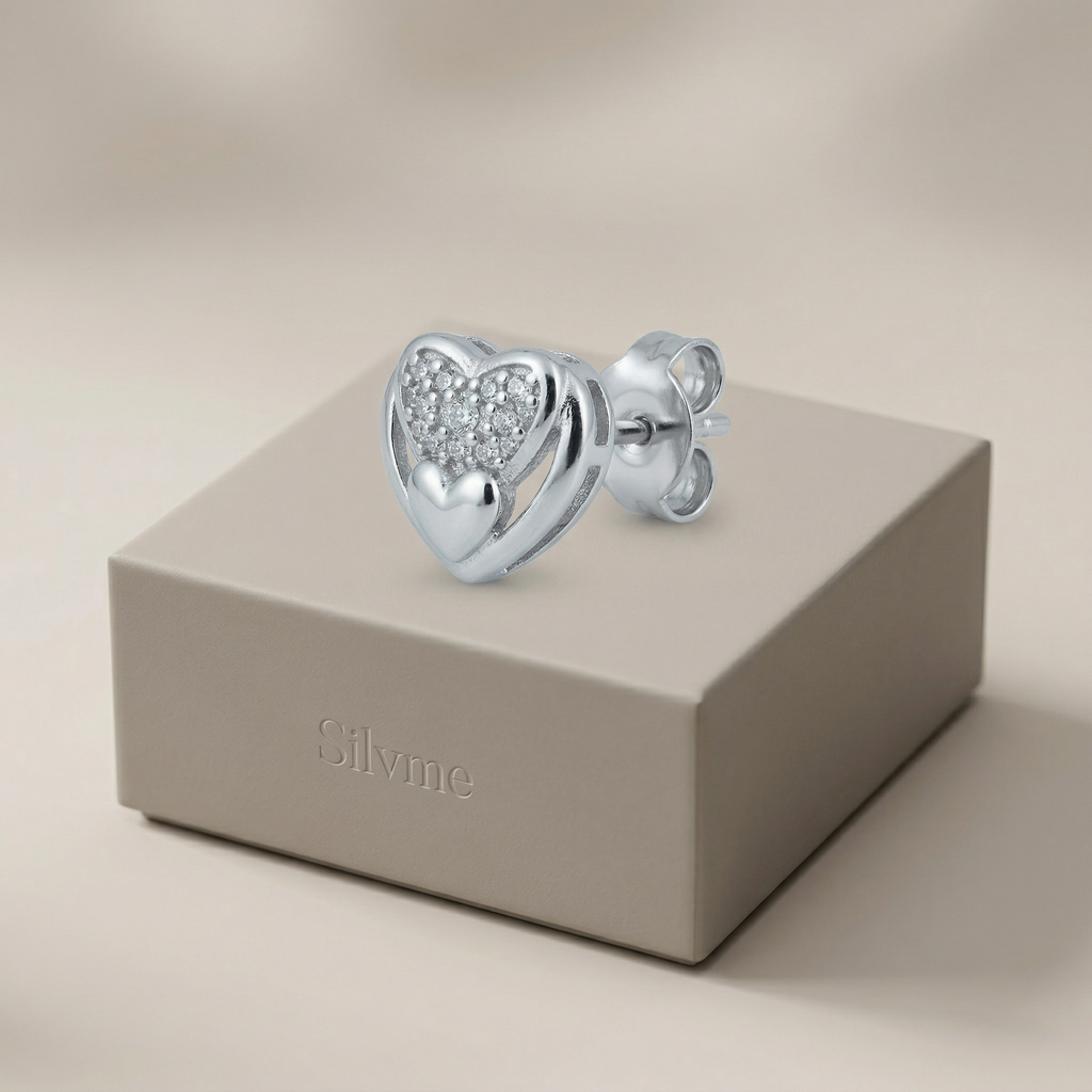 Silvme Pure 925 Sterling Silver Double Heart Pavé CZ Stud Earrings for Women