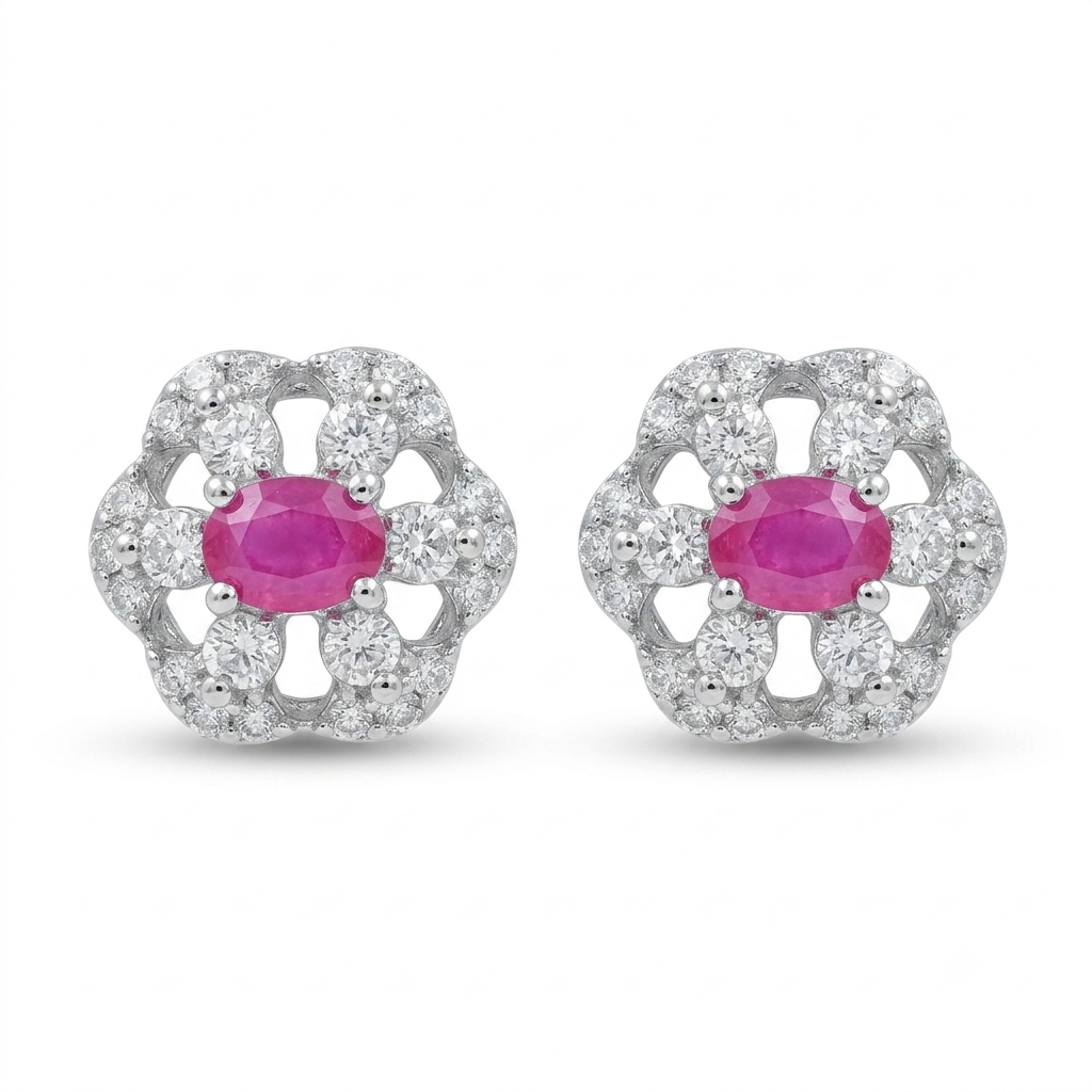 Pink Oval-Centre Flower Cluster Stud Earrings, front product view