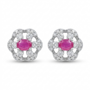 Pink Oval-Centre Flower Cluster Stud Earrings, front product view