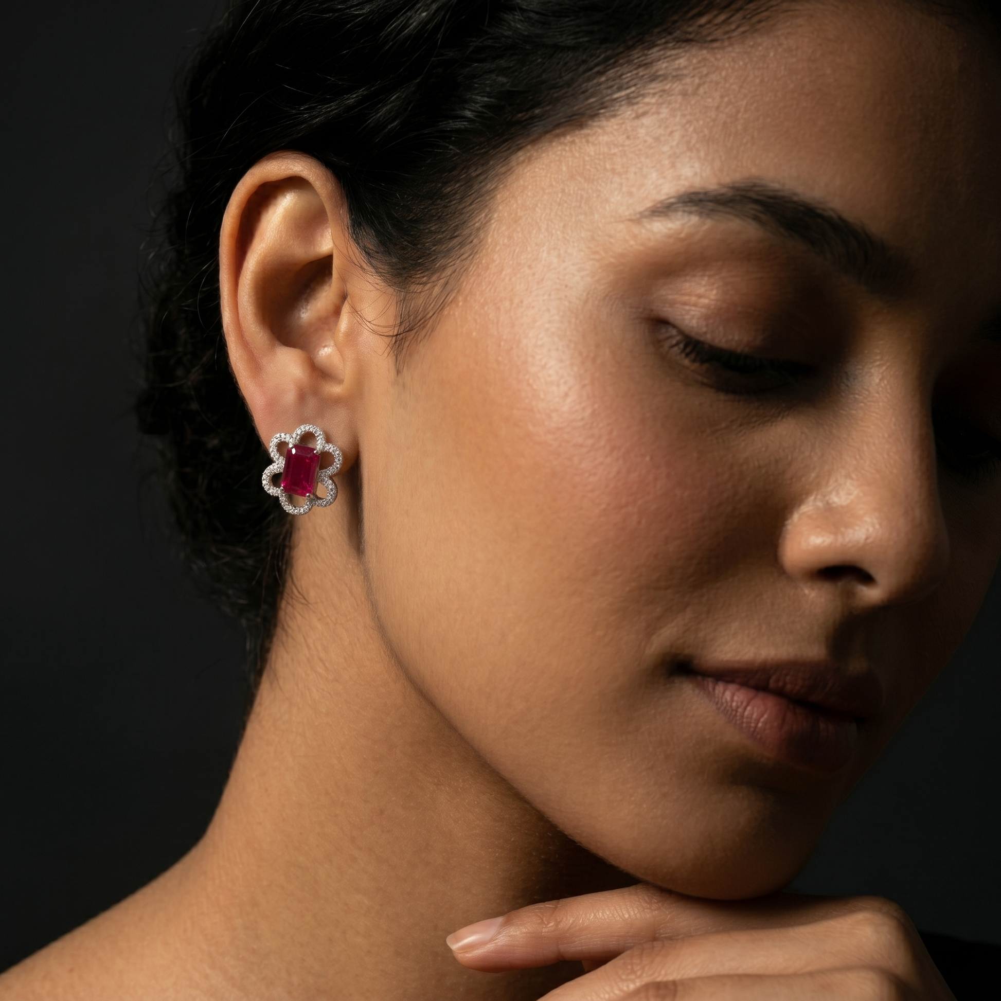 Pink Baguette Floral-Frame Stud Earrings, additional product view 6