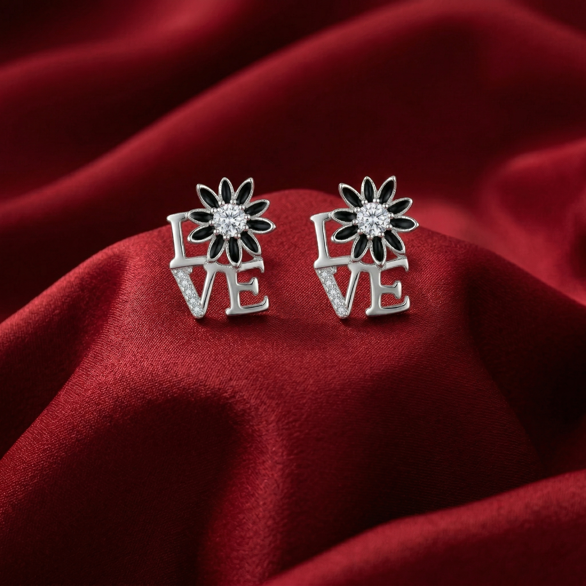 Silvme Pure 925 Silver LOVE Script Daisy CZ Stud Earrings for Women
