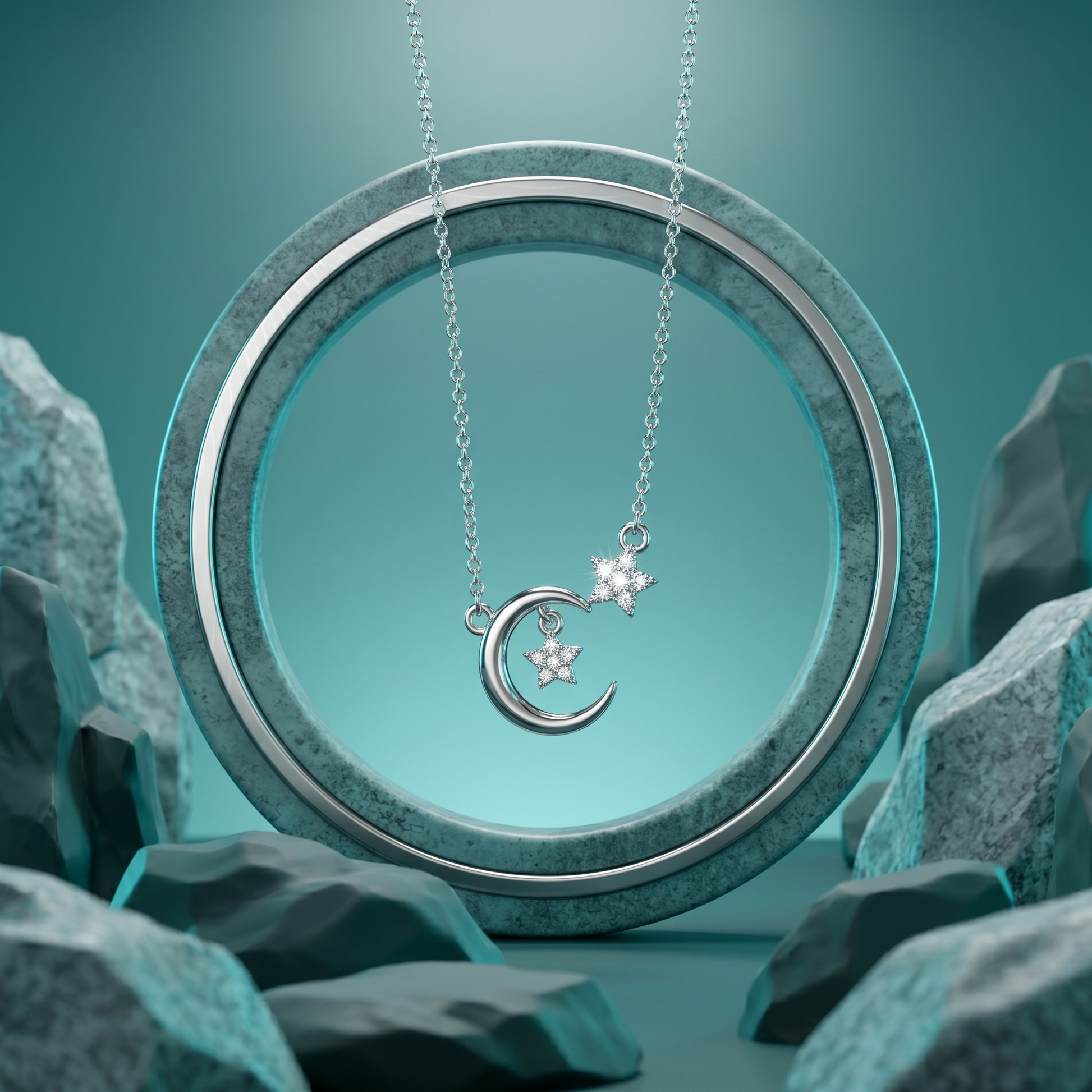 A silver necklace with a crescent moon and star pendant, displayed on a textured teal ring with surrounding rocks against a teal background.