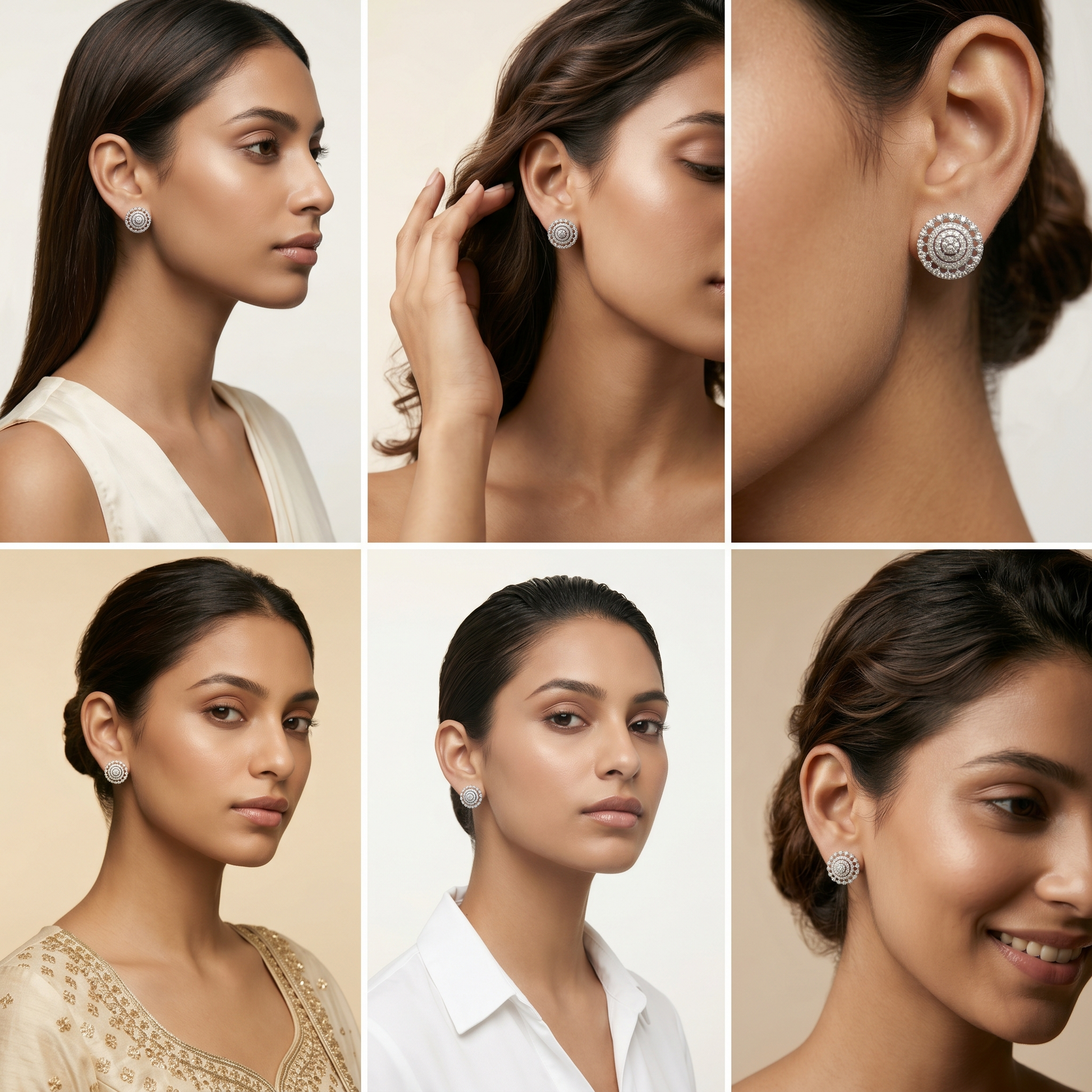 Round Double-Halo Stone-Set Stud Earrings, close-up detail