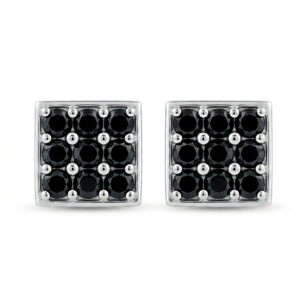 Black Square Cluster Stud Earrings, front product view