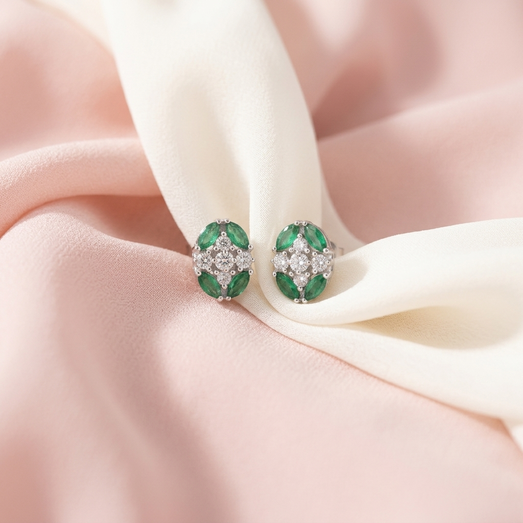 Green Oval Floral Cluster Stud Earrings, additional product view 3