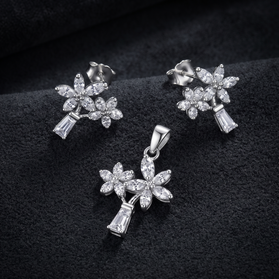 Silvme Pure 925 Sterling Silver Marquise Flower Baguette Drop Pendant & Drop Stud Earrings Set for Women & Girls | Cubic Zirconia Jewellery Set | Birthday Gift for Girlfriend
