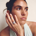 Silvme sparkling turtle silver ring for women worn stacked with plain silver bands on the hand