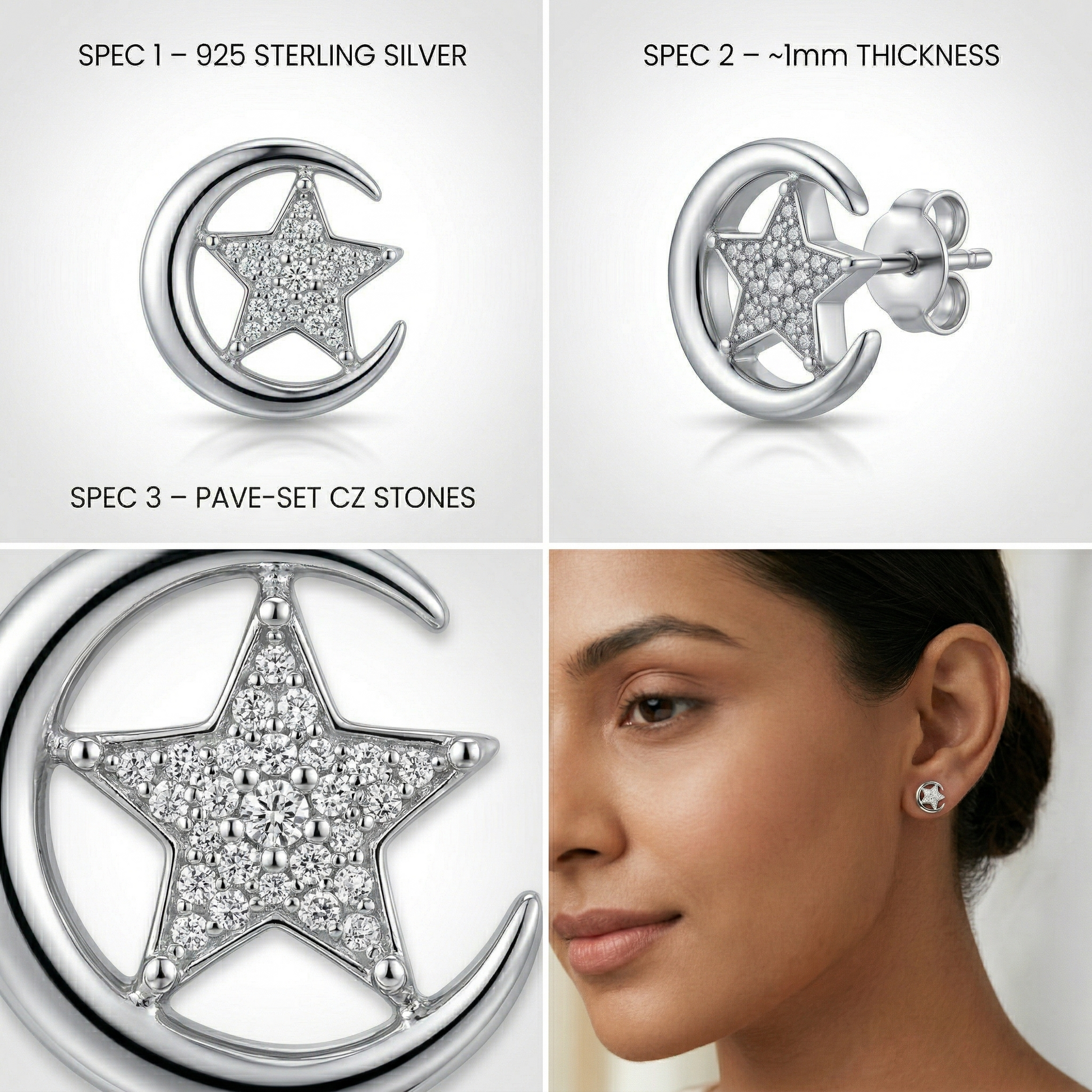 Star & Crescent Moon PavÃ© Stone-Set Stud Earrings, close-up detail, view 5