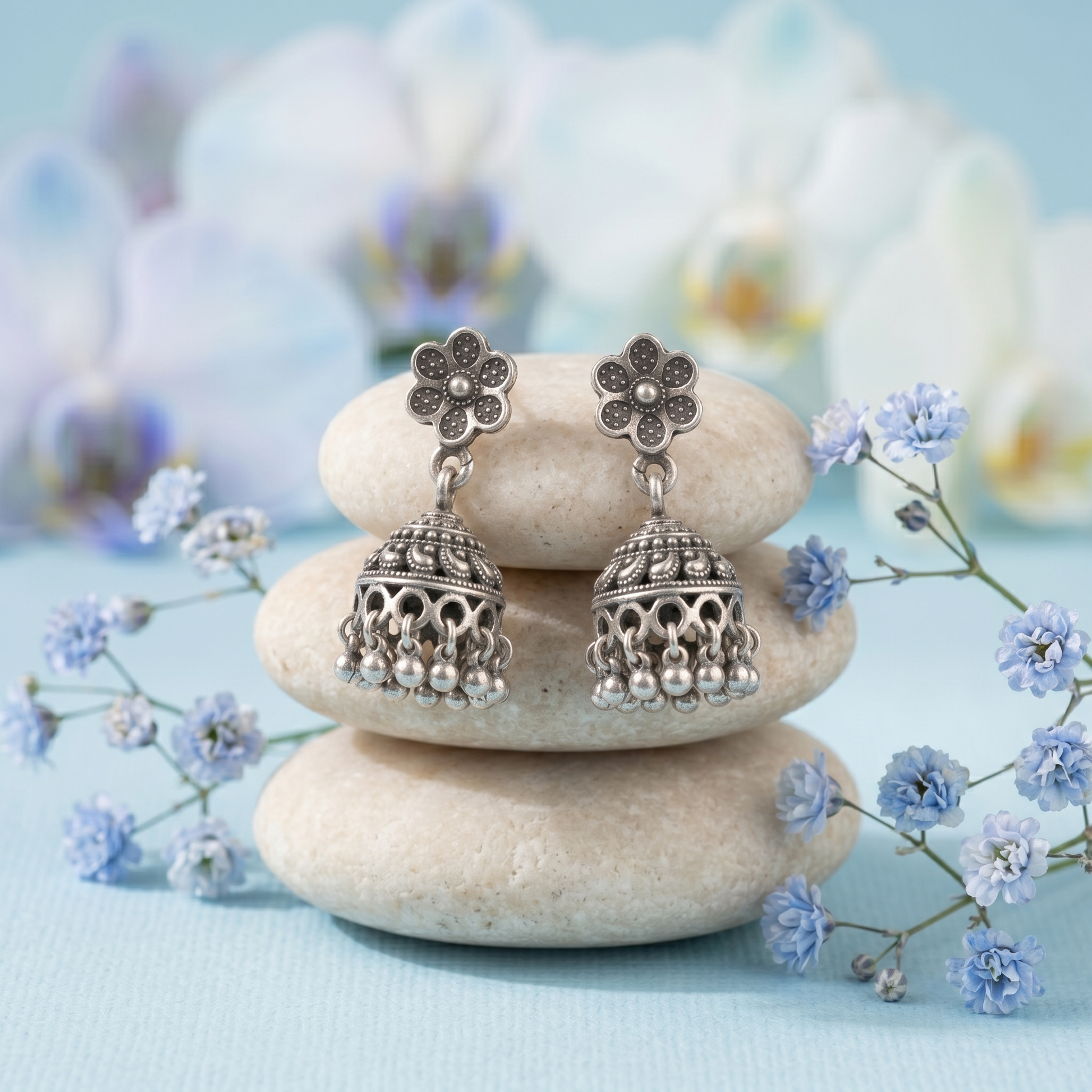 Oxidised Floral Jhumka Earrings, additional product view 5