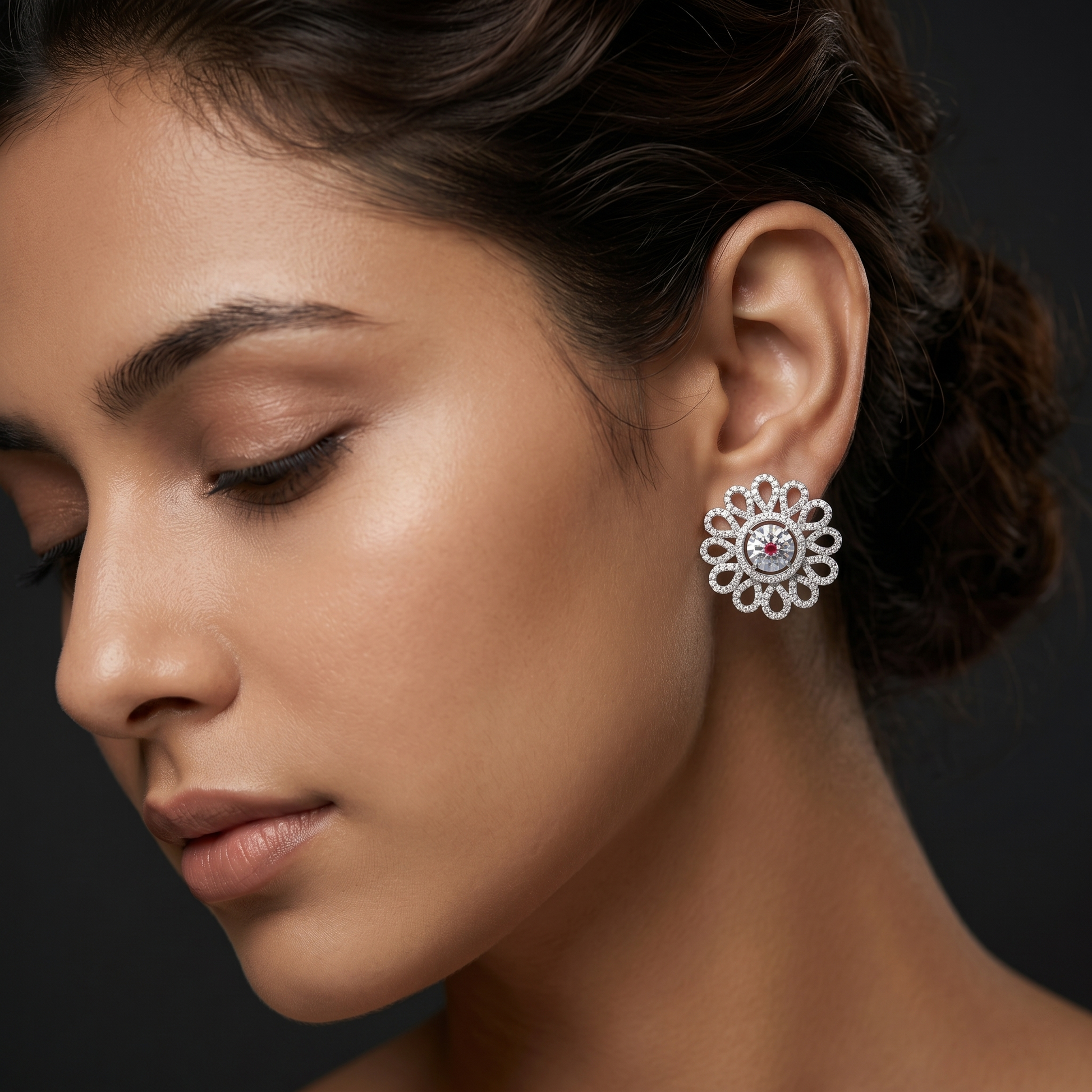 Petal Lattice Stone-Set Stud Earrings with Red Accent, additional product view 4