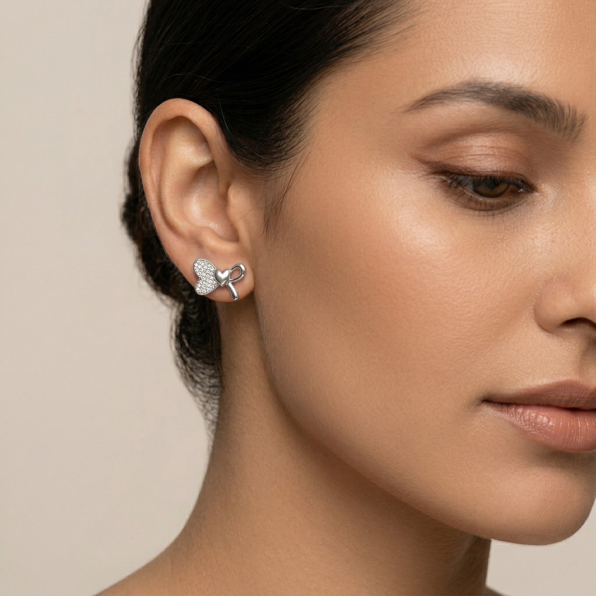 Bow Heart Stone-Set Stud Earrings, close-up detail, view 5