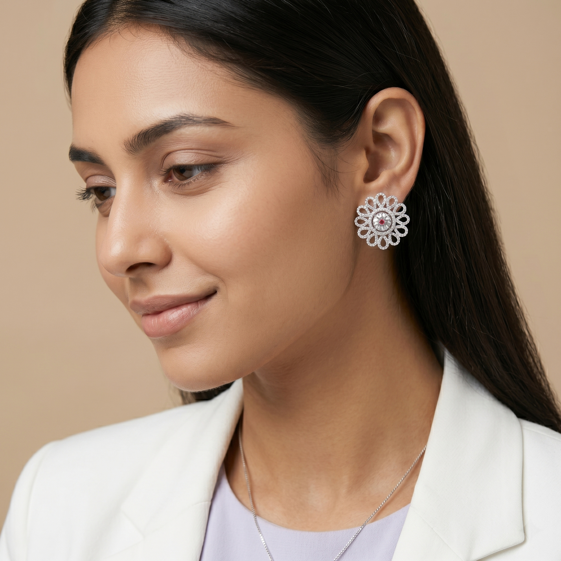 Petal Lattice Stone-Set Stud Earrings with Red Accent, additional product view 3