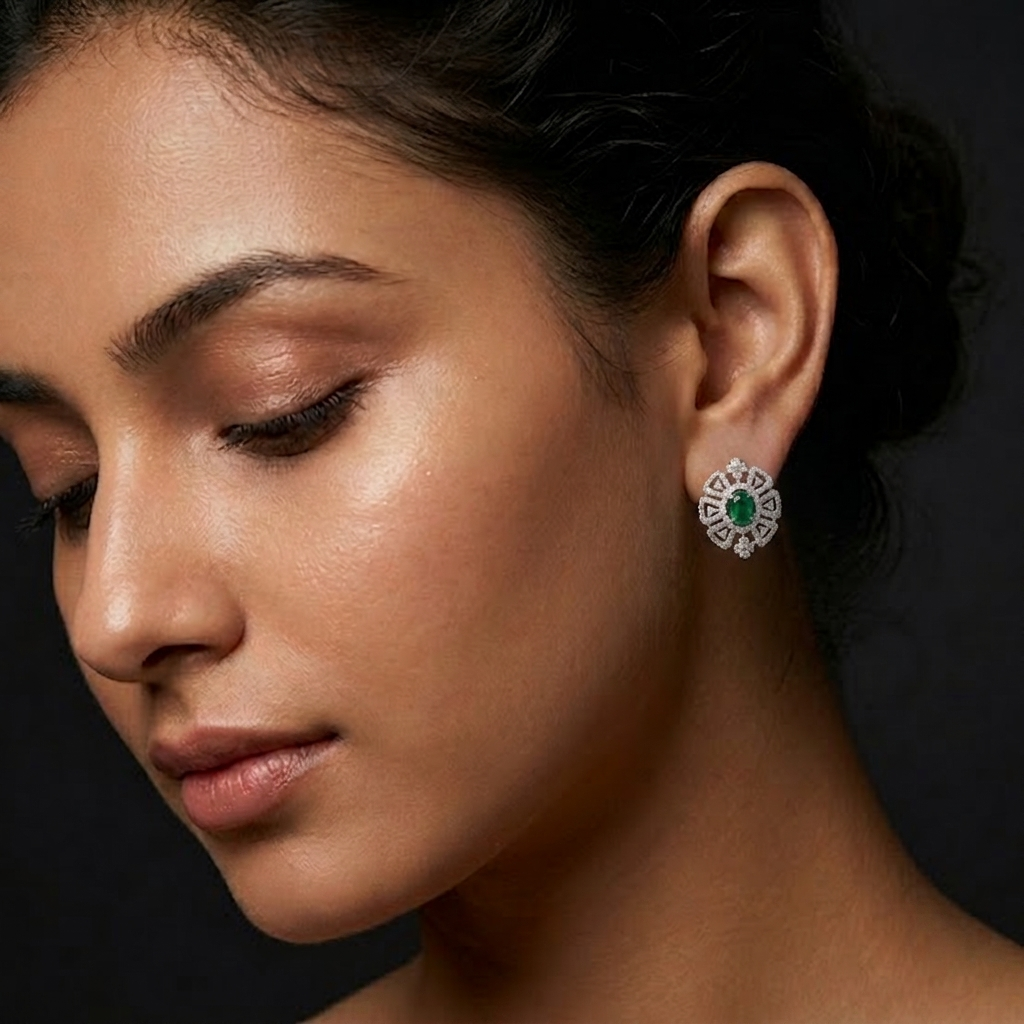 Green Round Stone-Set Stud Earrings, additional product view 6