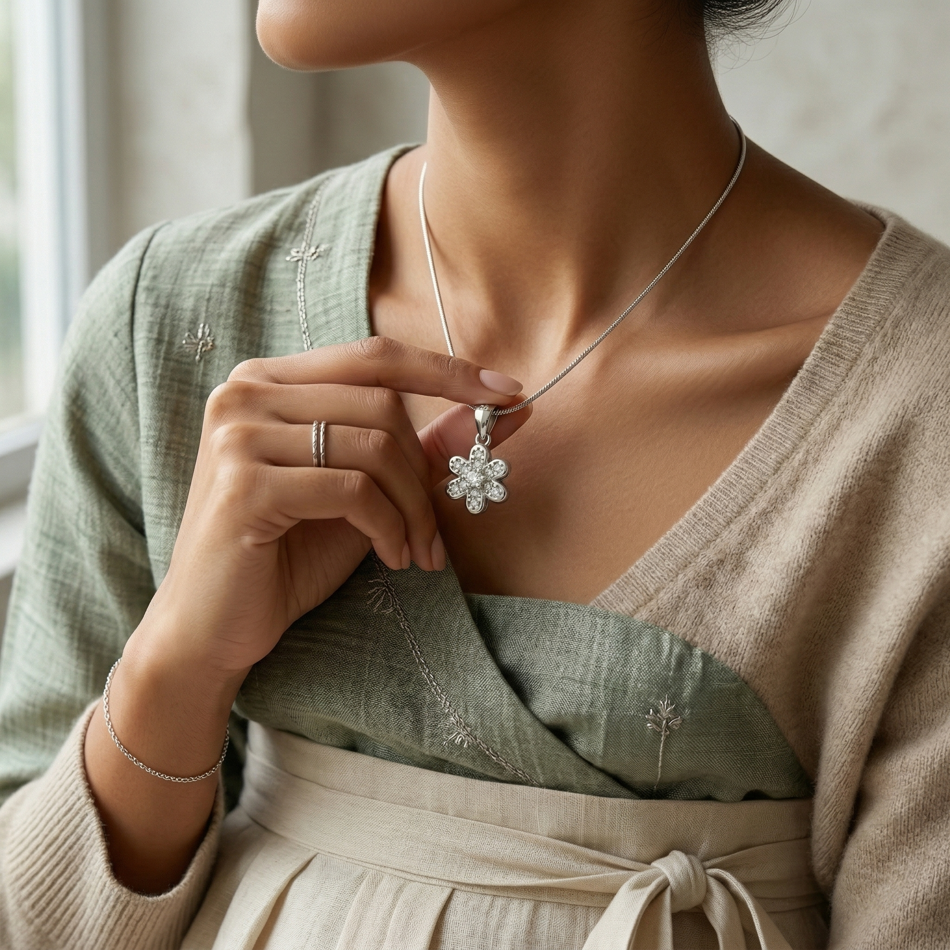 Silvme Bloom Pendant showcasing its bloom pendant design in 925 sterling silver, a graceful gift for her