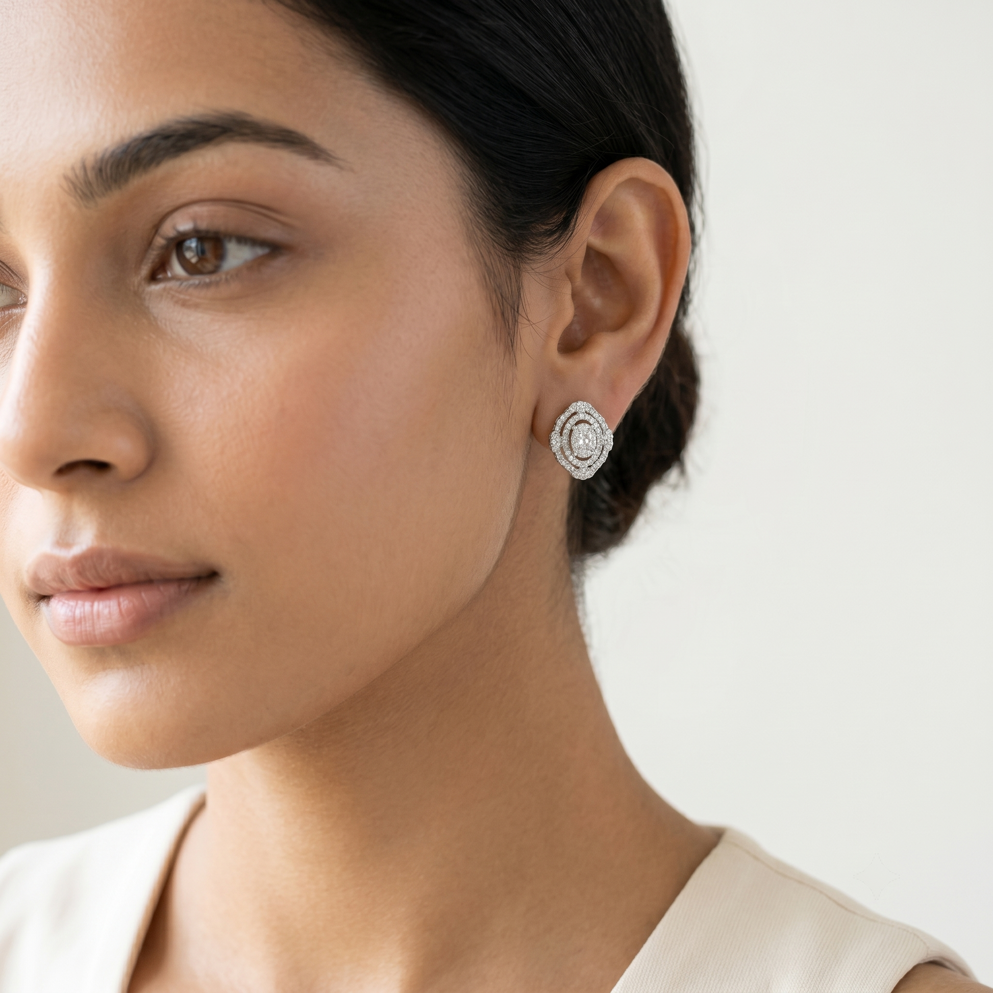 Double Halo Oval Stone-Set Solitaire Stud Earrings, additional product view 4
