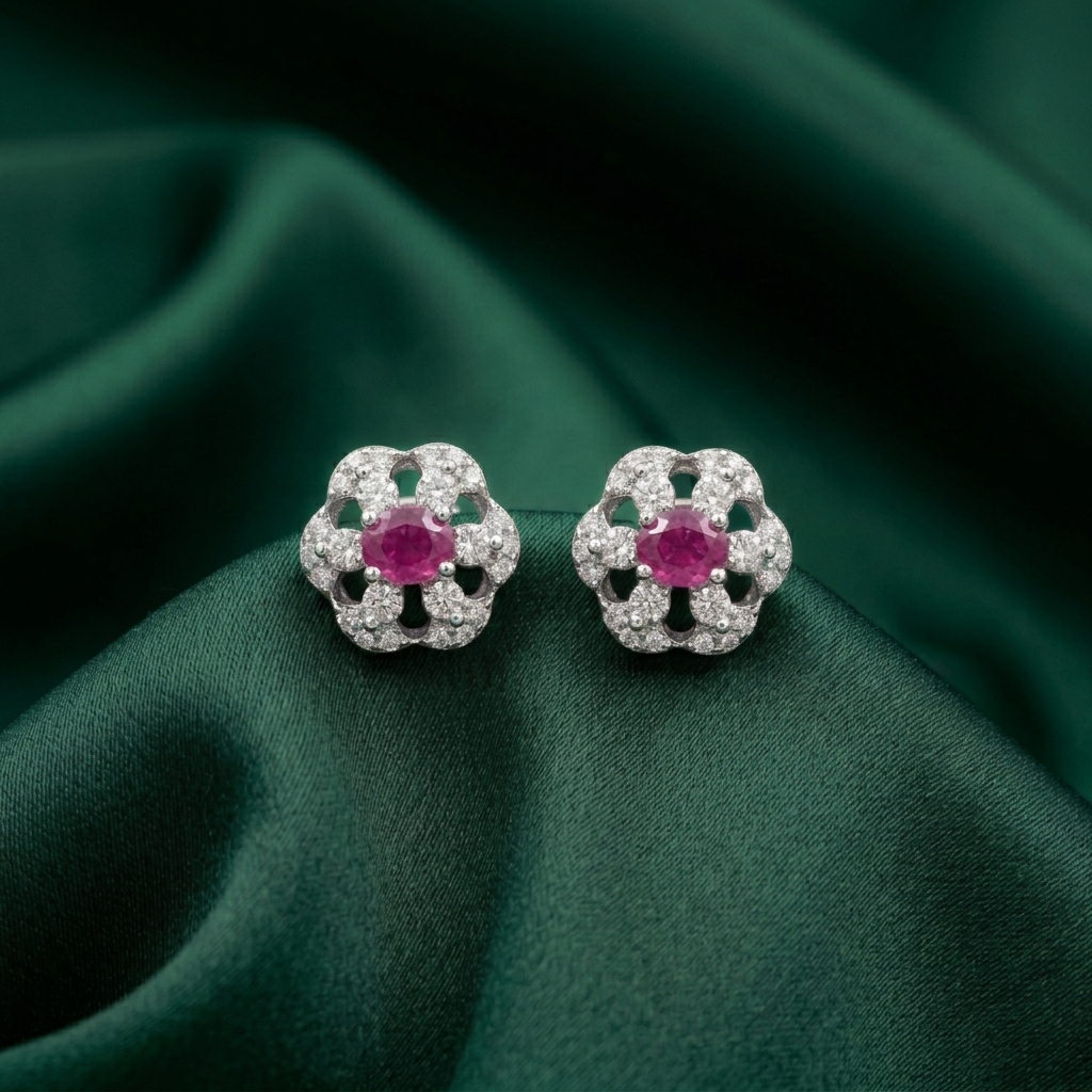 Pink Oval-Centre Flower Cluster Stud Earrings, additional product view 8