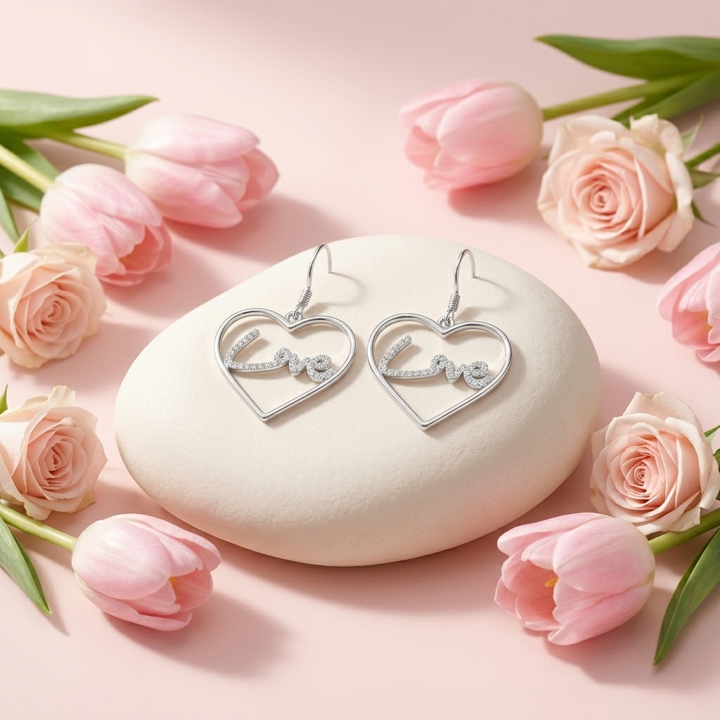Love Script Heart Drop Earrings, alternate angle