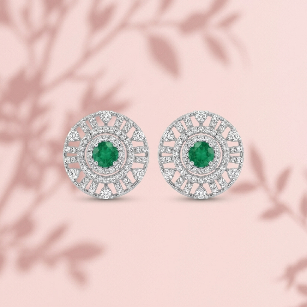 Green Round Halo Stone-Set Stud Earrings, additional product view 7