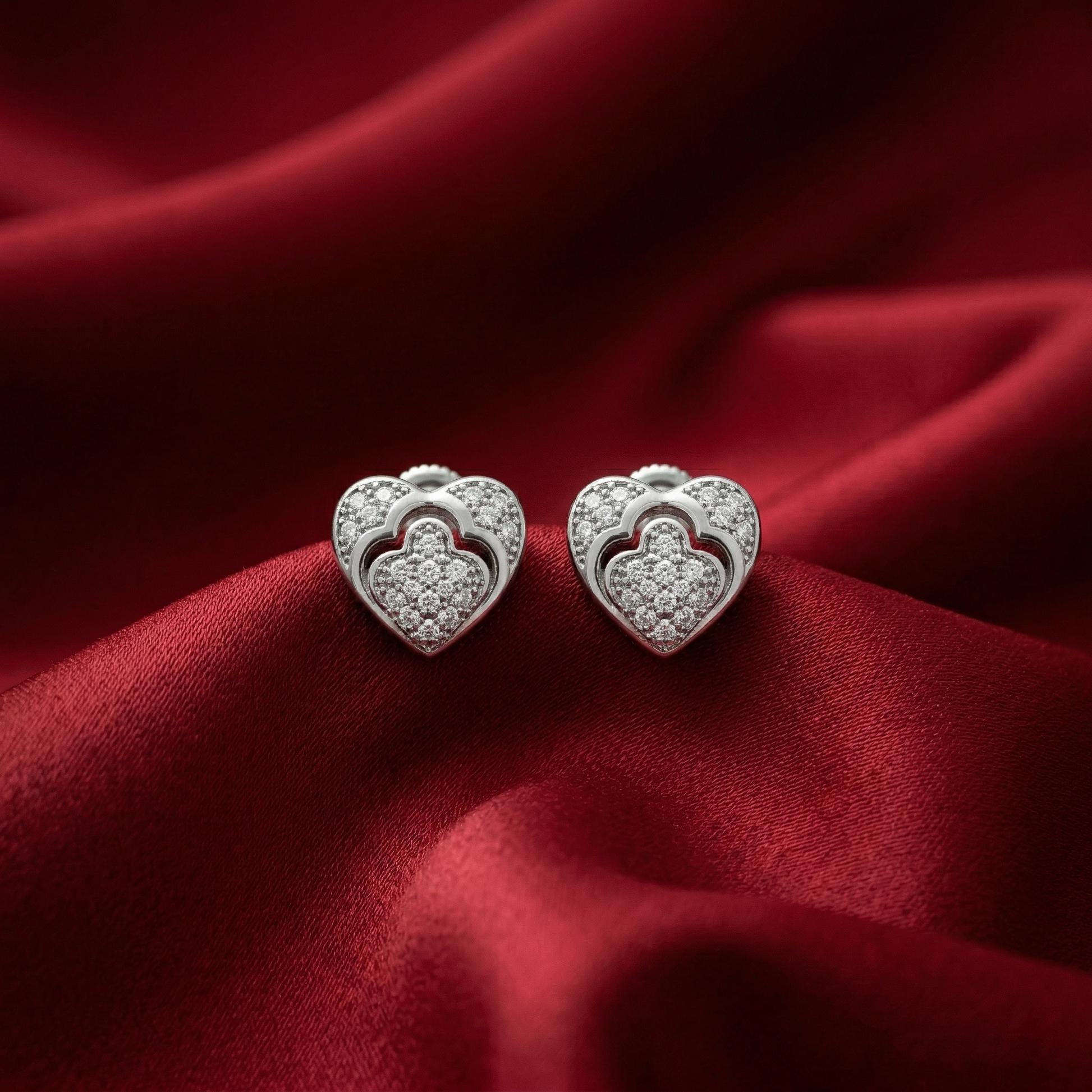 Double-Layered Heart Stone-Set Stud Earrings, additional product view 6
