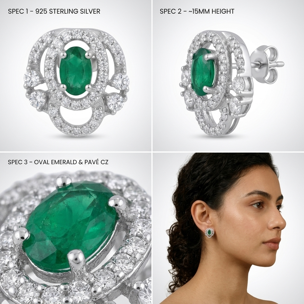 Green Oval Halo Stone-Set Stud Earrings, additional product view 7