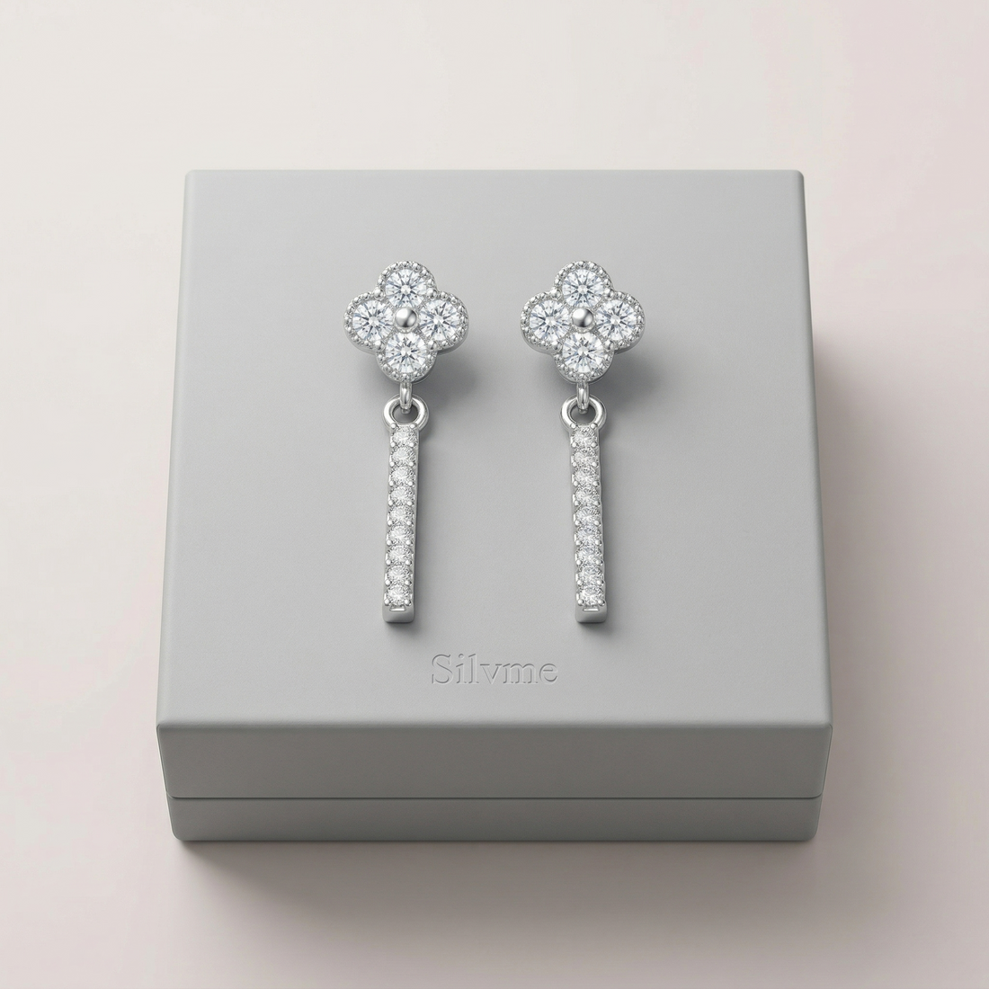 925 sterling silver Floral Blossom & Baguette CZ Dangle Drop Earrings by Silvme with cubic zirconia, an elegant accessory for her
