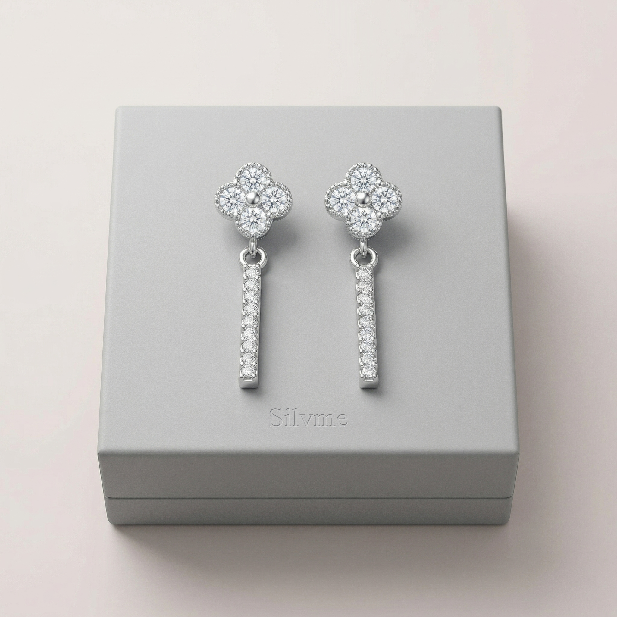 Silvme Pure 925 Silver Floral Blossom & Baguette CZ Dangle Drop Earrings for Women
