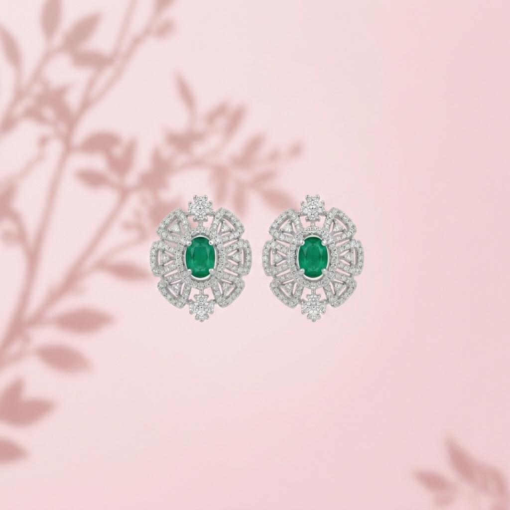 Green Round Stone-Set Stud Earrings, additional product view 7