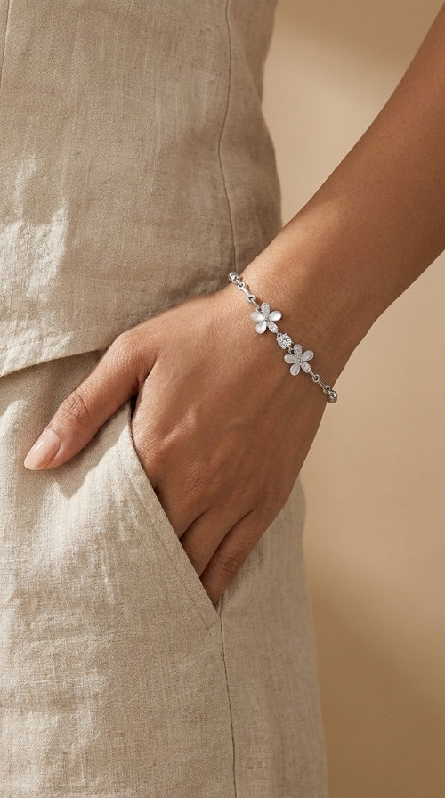 Silvme 925 Sterling Silver CZ Floral Bracelet for Women | Minimalist Nature-Inspired Adjustable Bracelet