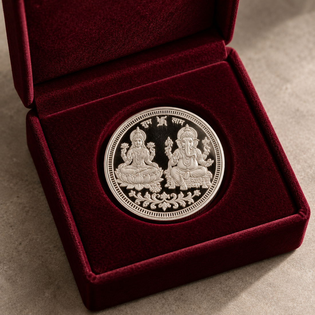 999 Pure Silver 10g Laxmi Ganesh Coin with Radiant Sunburst Om (ॐ) Reverse