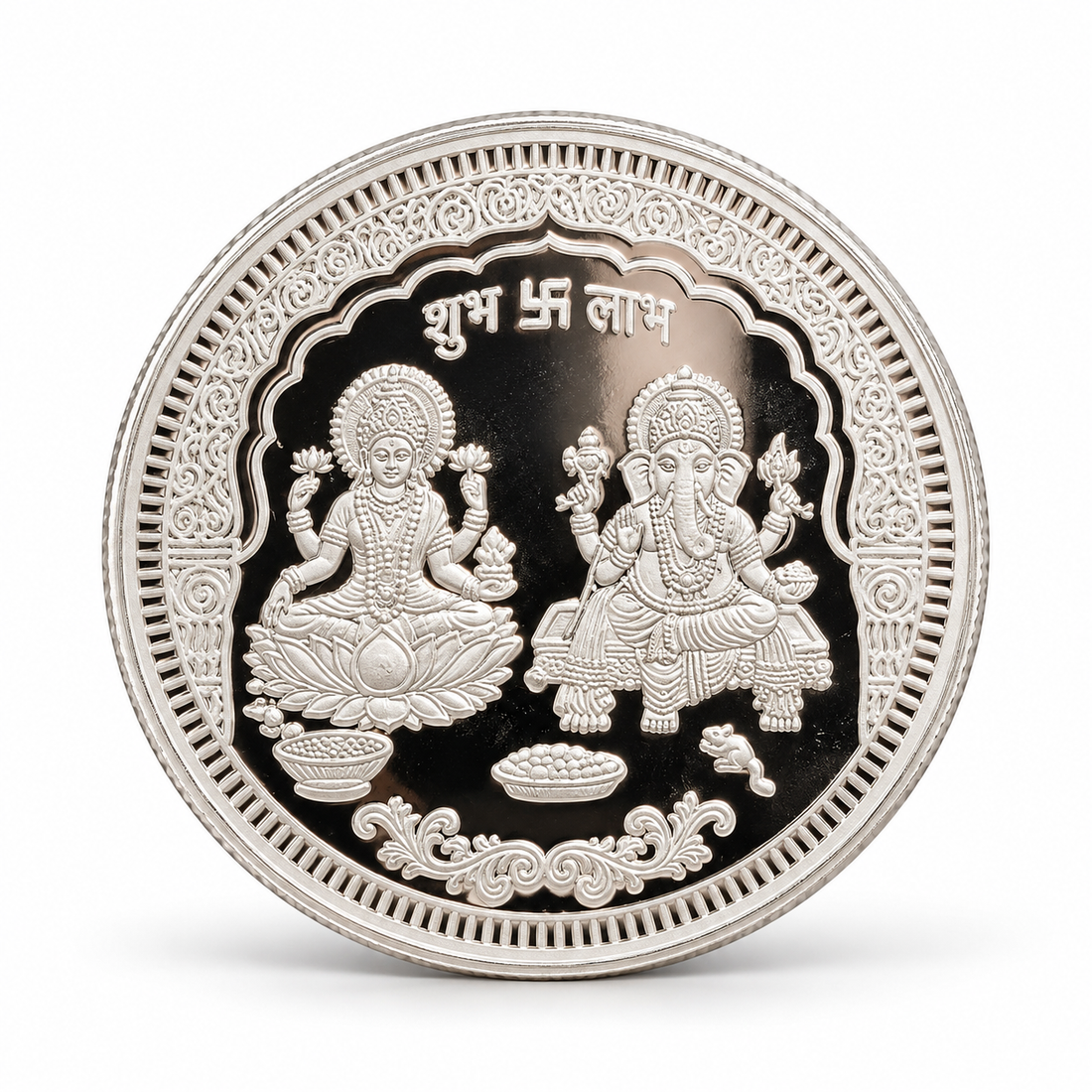 999 Pure Silver 10g Temple Arch Laxmi Ganesh Coin with Mandir Prabhavali & Radiant Om
