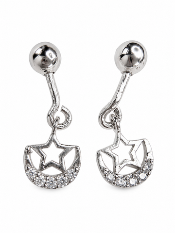 Silvme 925 Sterling Silver Crescent Moon & Star Drop Drop Stud Earrings for Women & Girls | Cubic Zirconia Jewellery | Gift for Girlfriend