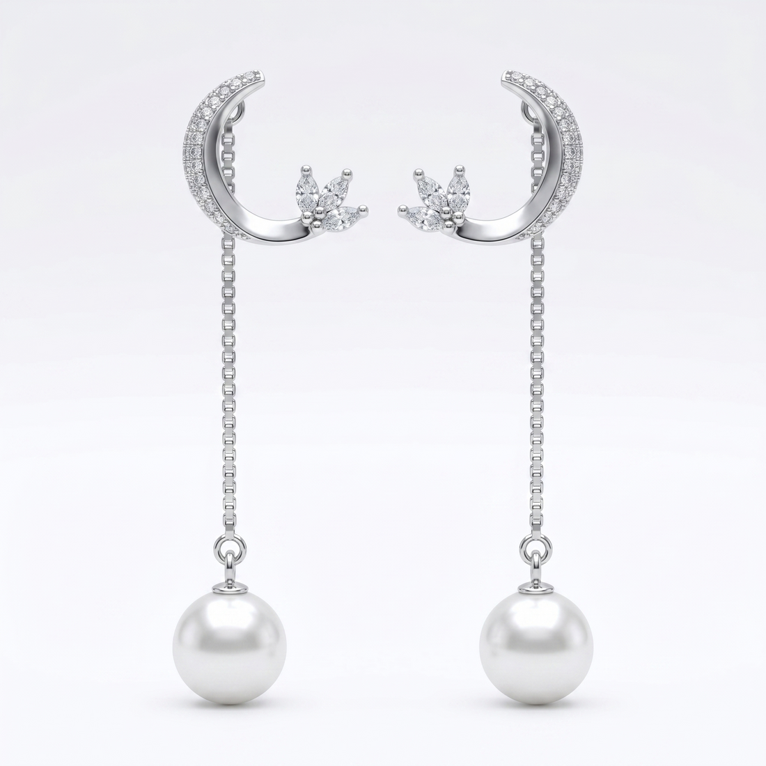 Silvme Crescent Moon CZ Pearl Drop Earrings in 925 sterling silver accented with sparkling cubic zirconia, jewellery for women