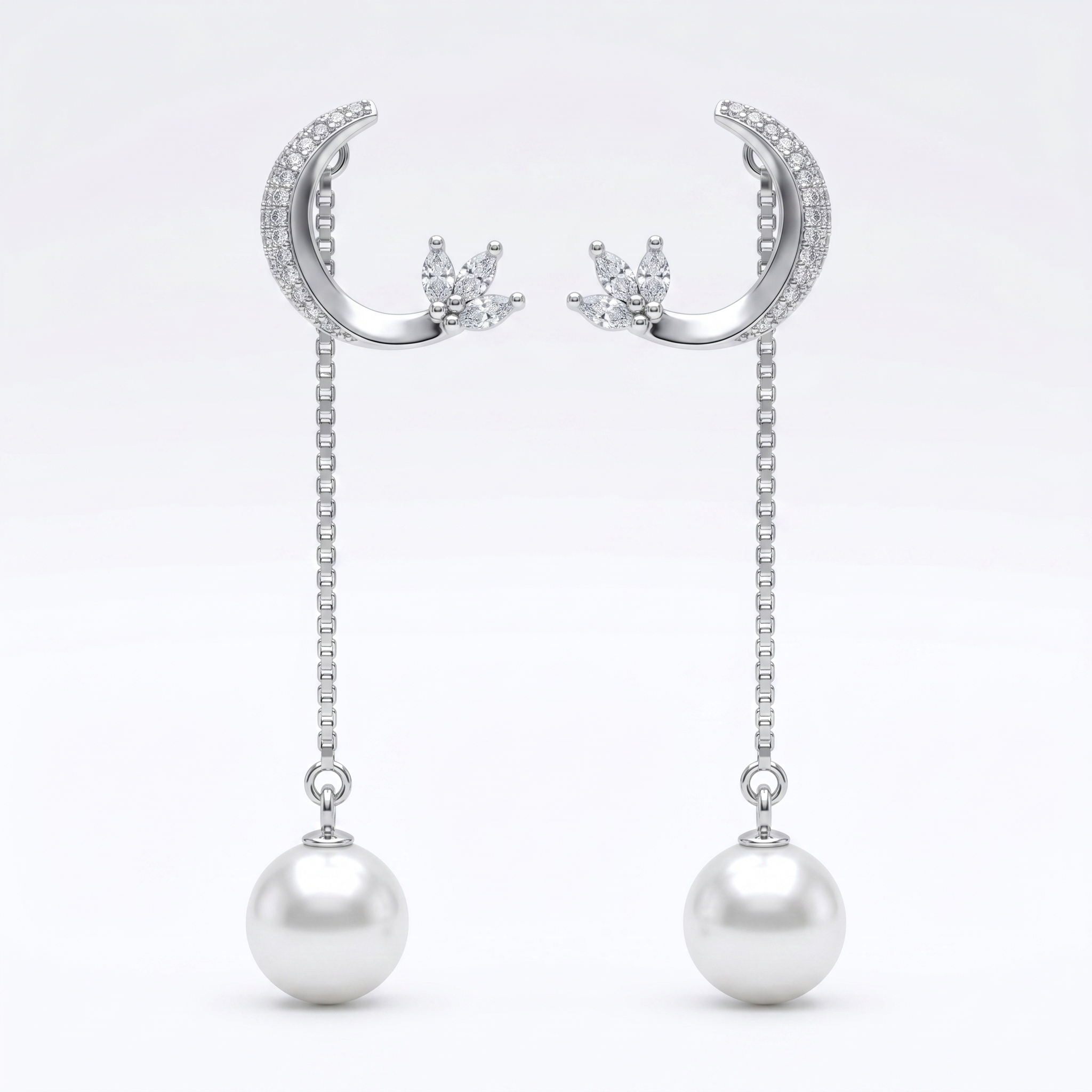 Silvme Pure 925 Sterling Silver Crescent Moon CZ Pearl Drop Earrings for Women & Girls