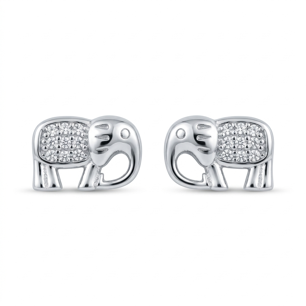 925 Sterling Silver Lucky Elephant CZ Stud Earrings
