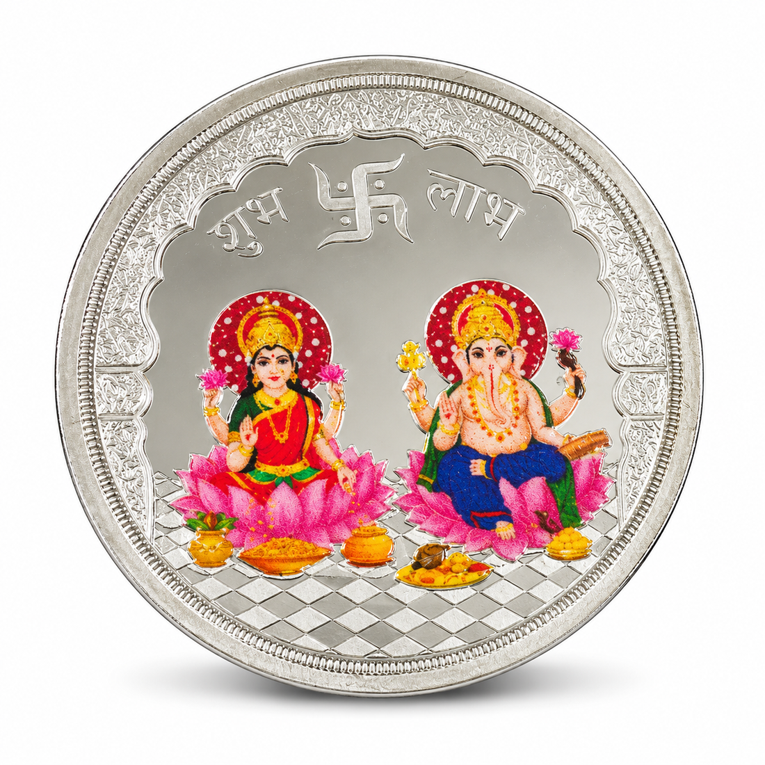 999 Pure Silver Colored Laxmi Ganesh Coin with Shree Yantra & Sri Suktam