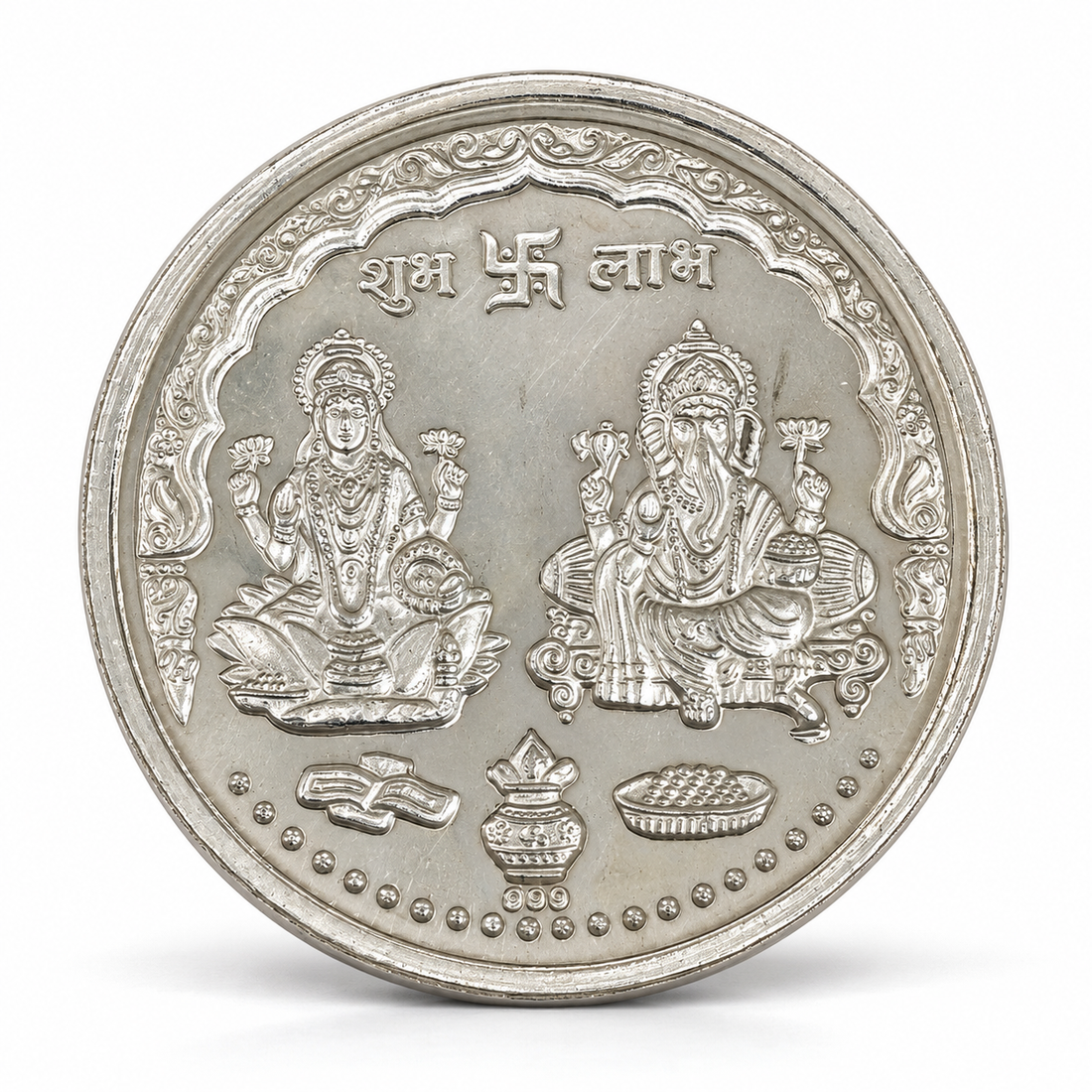 999 Pure Silver Laxmi Ganesh Coin with Om Shree & Shubh Labh Swastika Reverse
