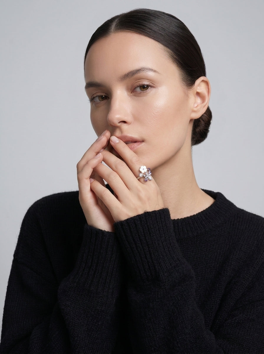 Silvme Purple Botanical Bloom 925 sterling silver ring for women with a pearl-effect accent — worn on the finger