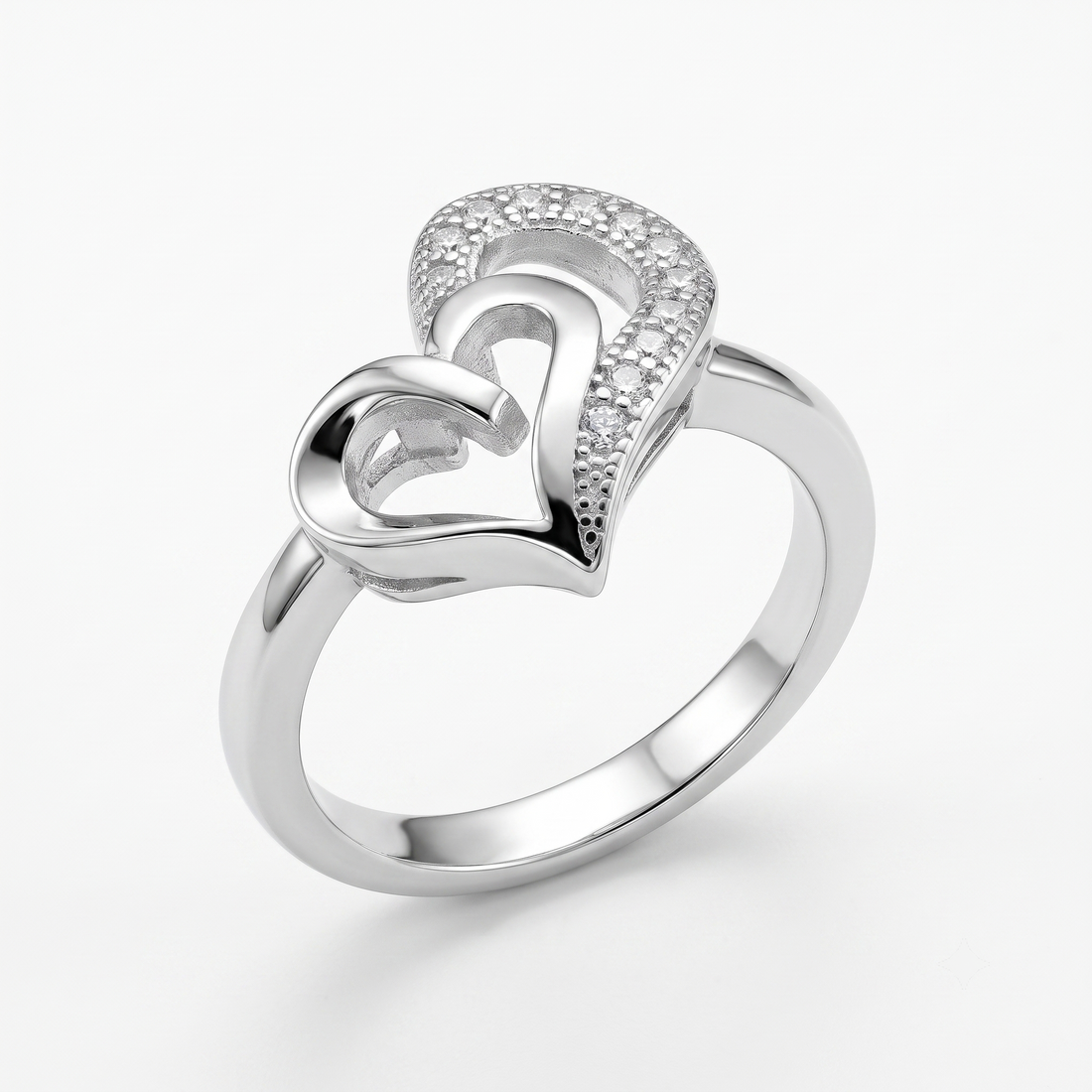 Silvme Intertwined Double Heart 925 sterling silver ring for women set with cubic zirconia — front view on white background
