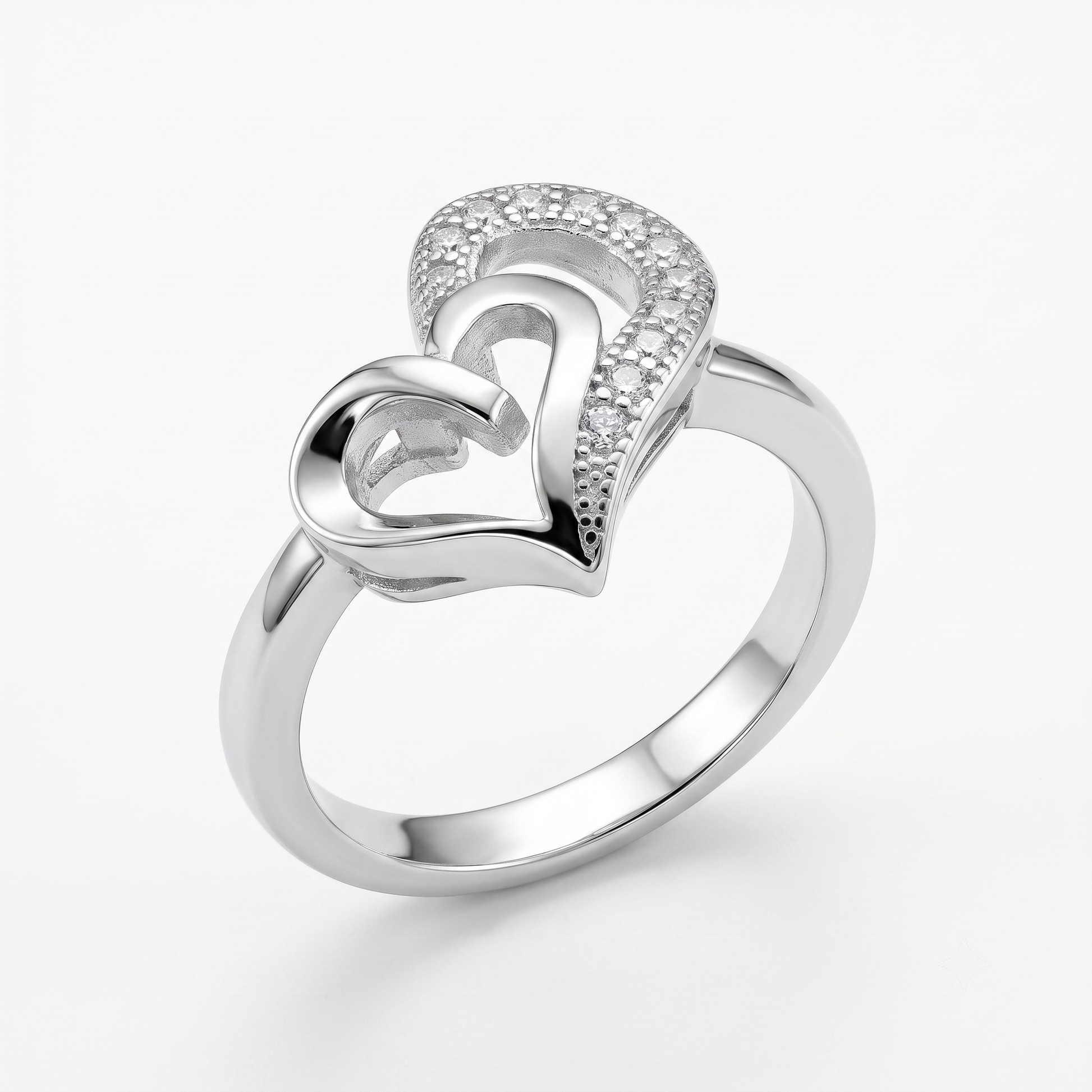 Silvme Intertwined Double Heart 925 sterling silver ring for women set with cubic zirconia — front view on white background