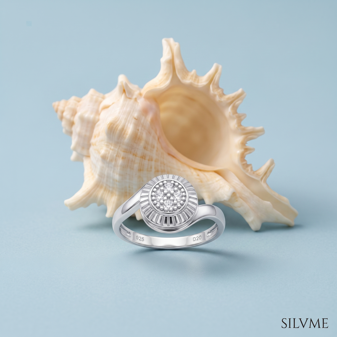 Silvme Sunburst Medallion Cluster 925 sterling silver ring for women set with cubic zirconia — front view on white background