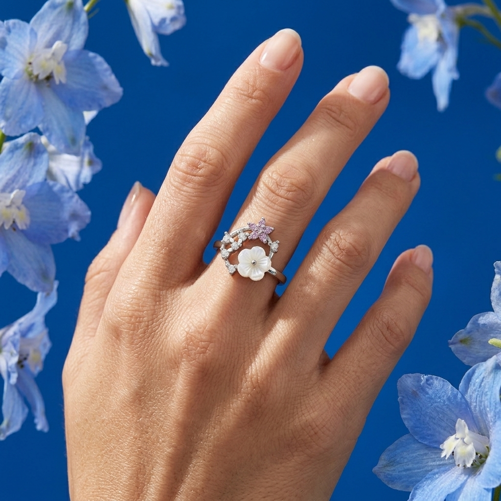 Silvme Butterfly Garden Wreath 925 sterling silver ring for women with a pearl-effect accent — front view on white background