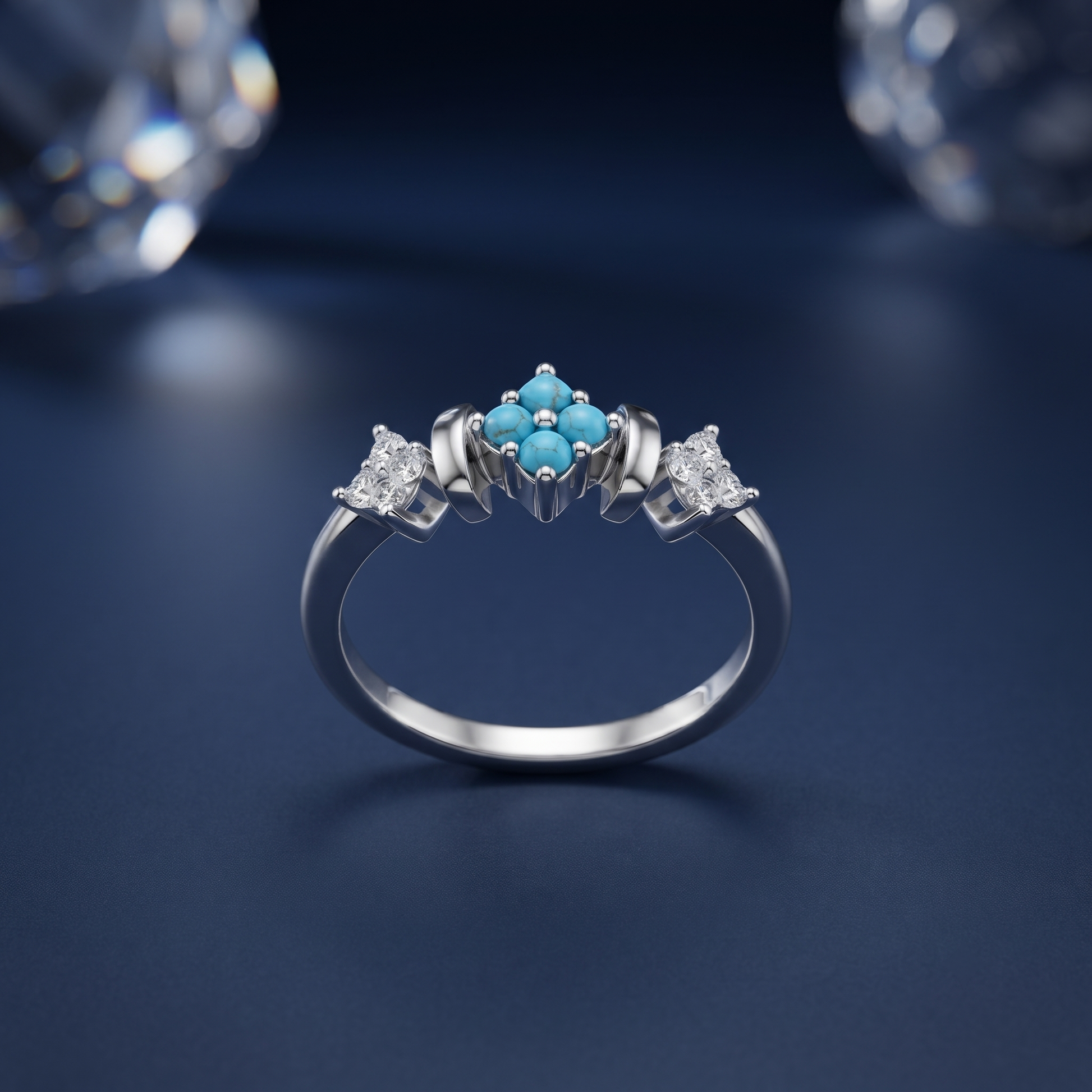 Silvme Turquoise-Colour Floral Cluster 925 sterling silver ring for women set with cubic zirconia — worn on the finger