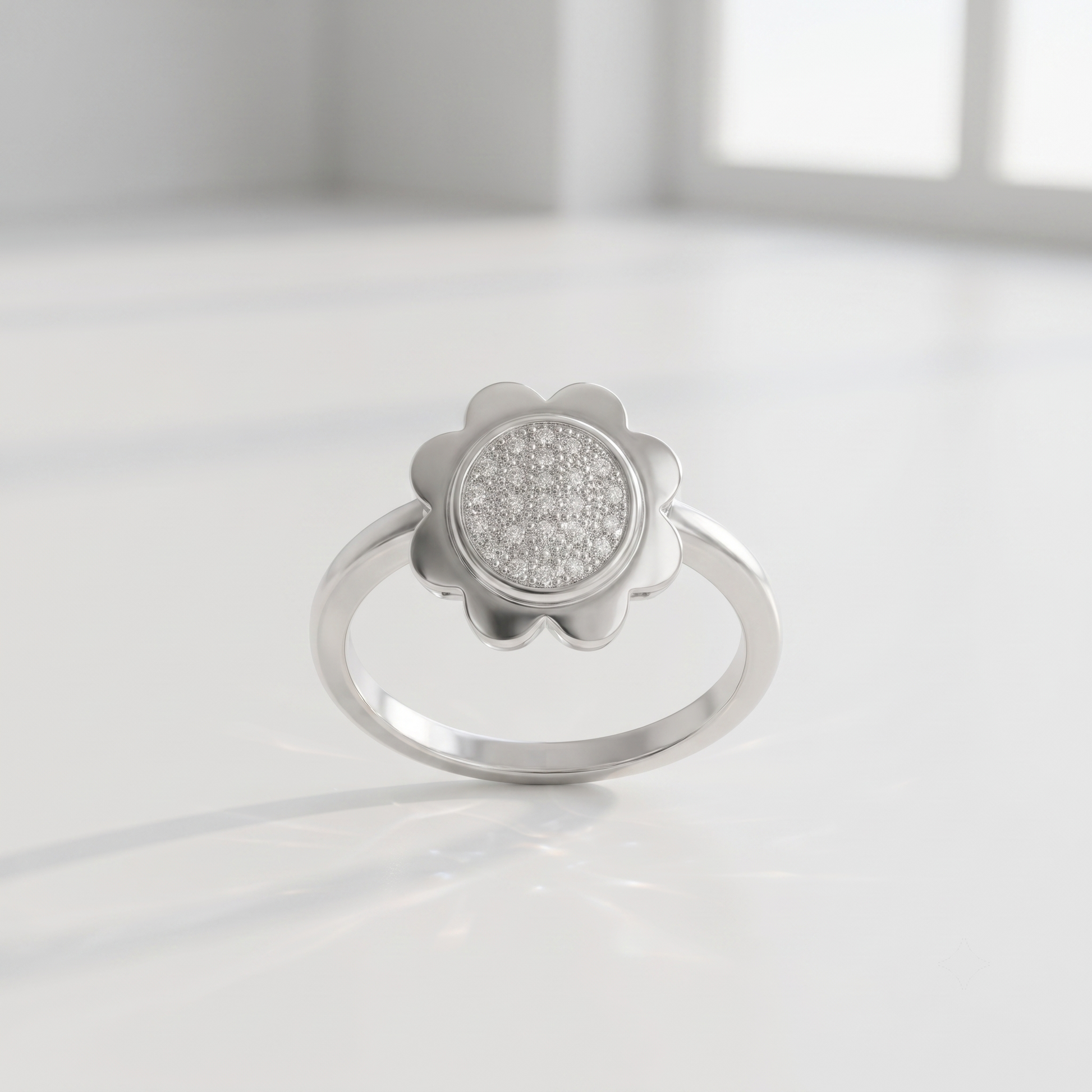 Silvme Dainty Daisy Crystal 925 sterling silver ring for women set with cubic zirconia — top view