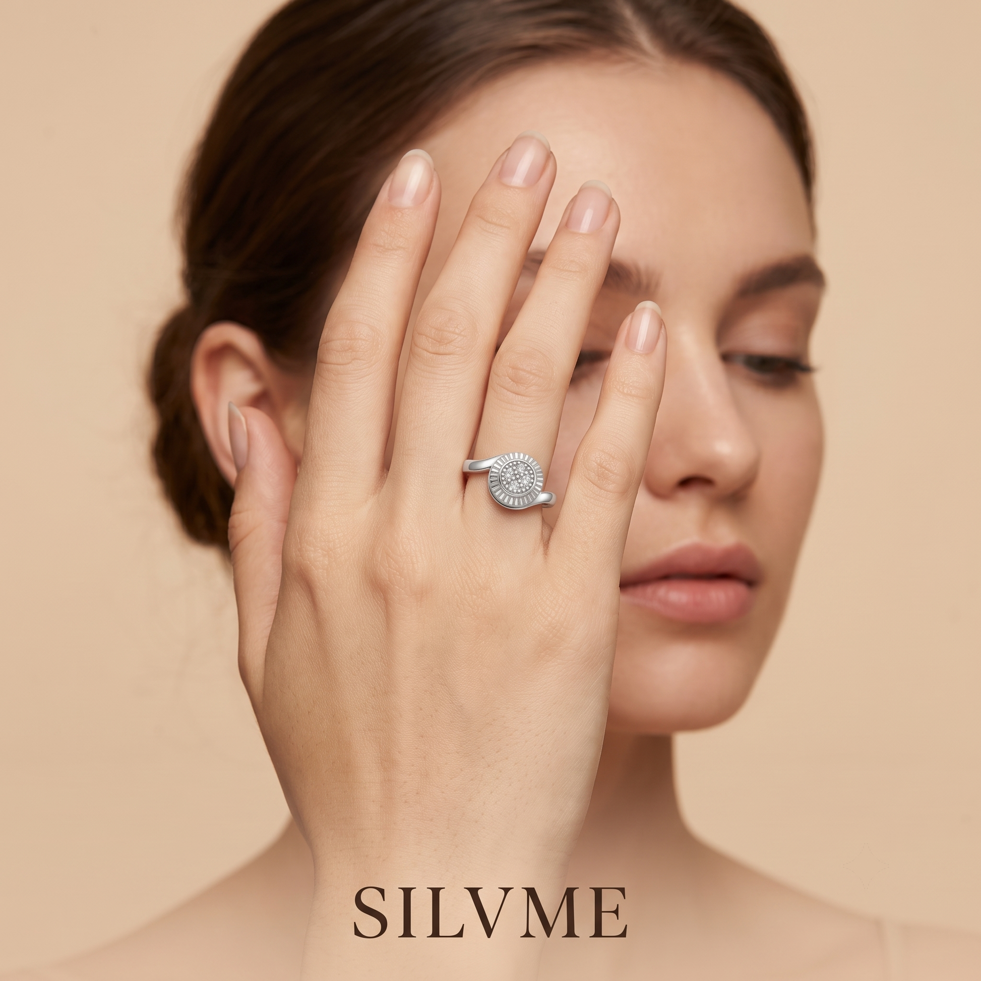 Silvme Sunburst Medallion Cluster 925 sterling silver ring for women set with cubic zirconia — top view