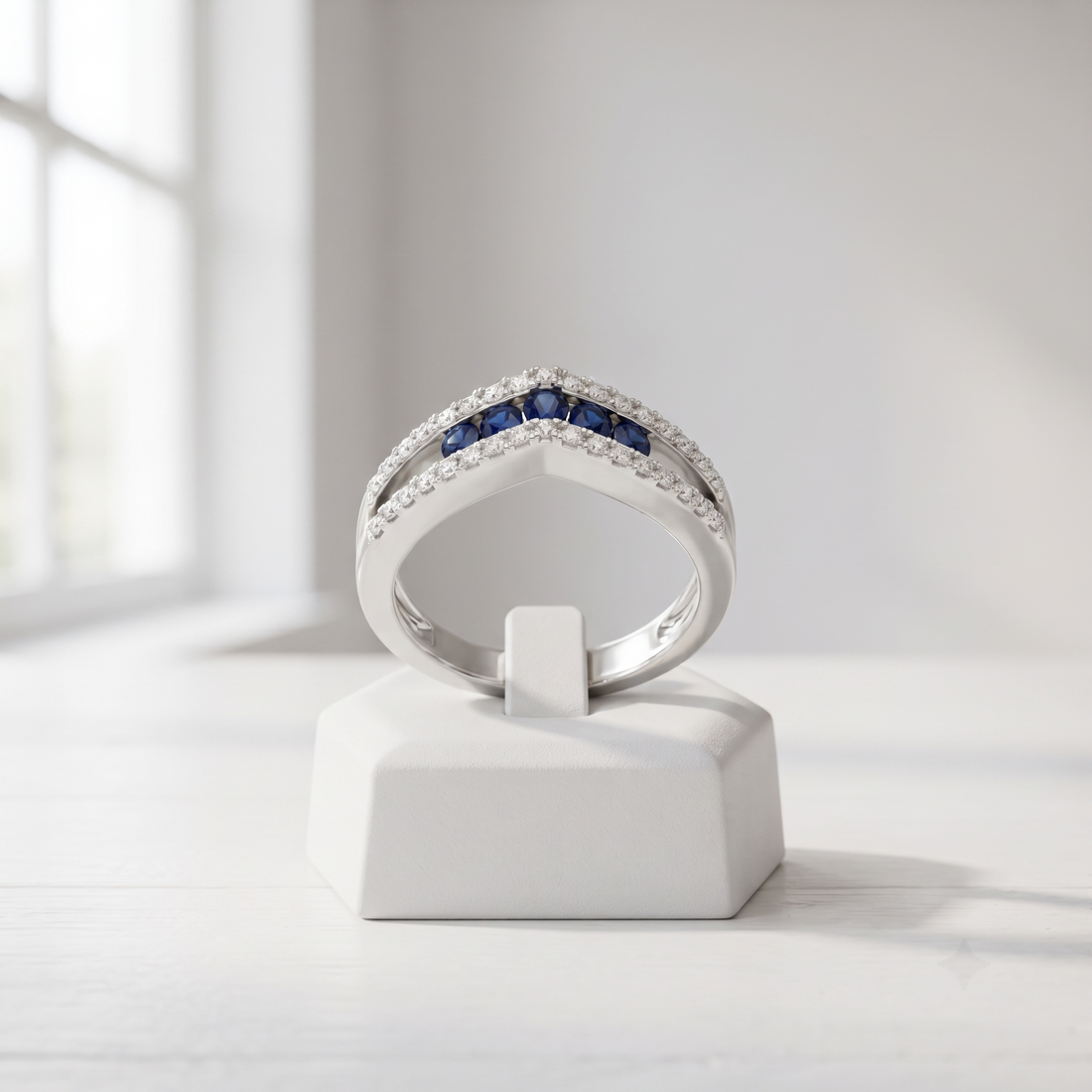 Silvme Blue Chevron Crown 925 sterling silver ring for women set with cubic zirconia — front view on white background