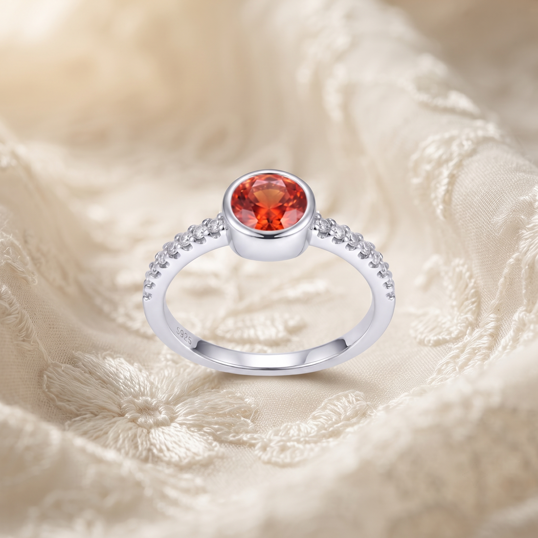 Silvme Orange-Red Bezel Solitaire 925 sterling silver ring for women set with cubic zirconia — front view on white background