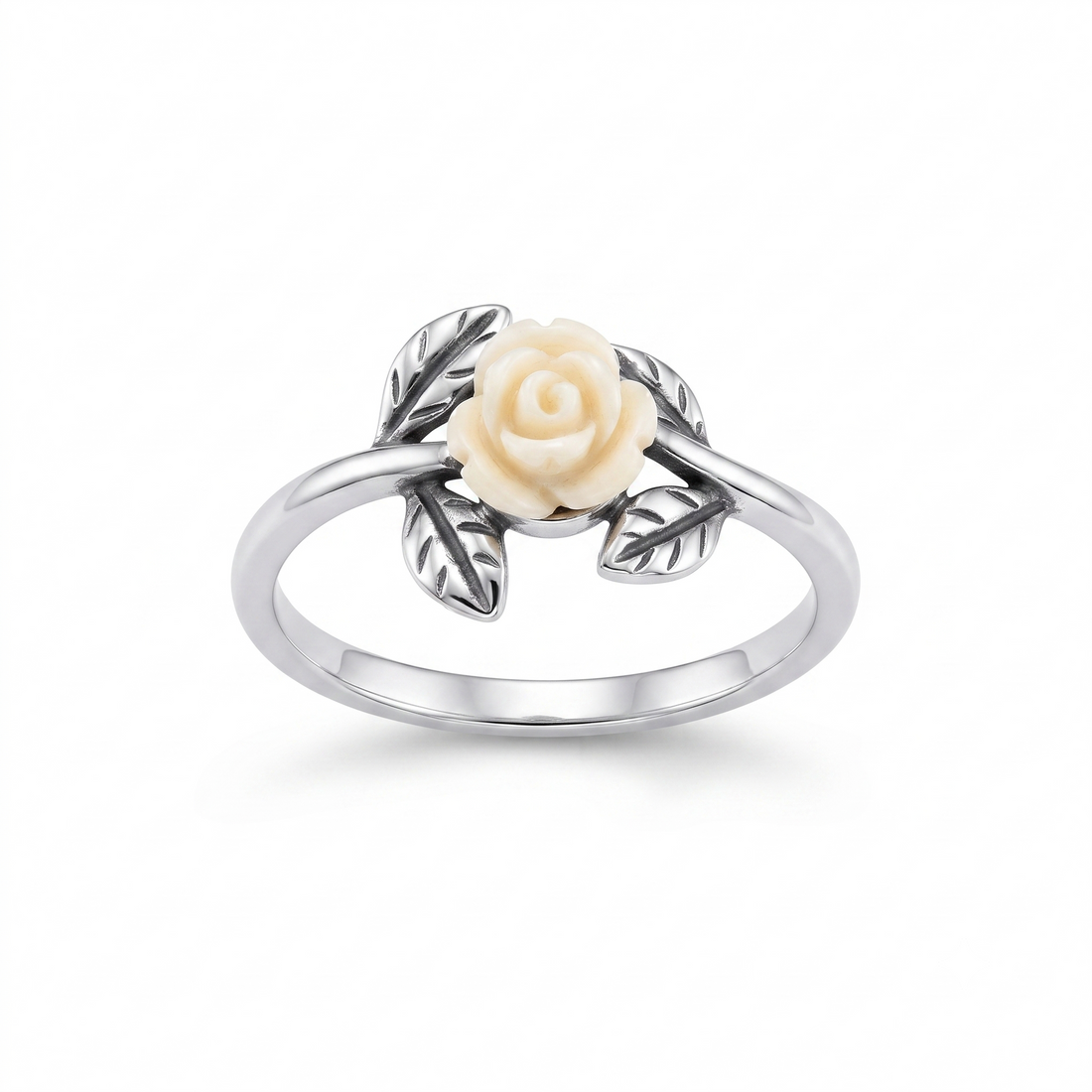 Silvme Carved Rose Botanical 925 sterling silver ring for women — front view on white background