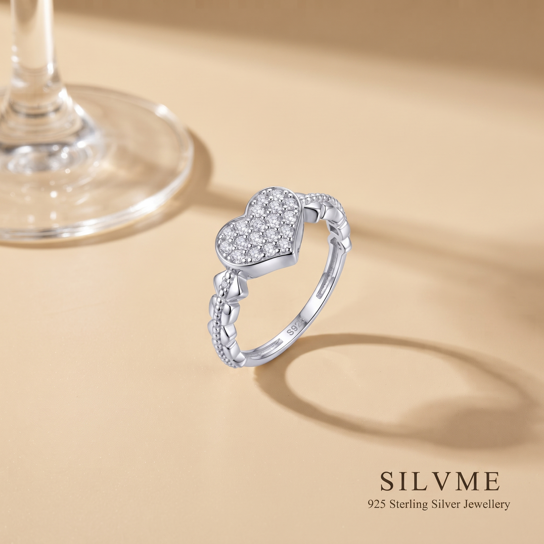 Silvme Pavé Heart Cluster 925 sterling silver ring for women set with cubic zirconia — front view on white background