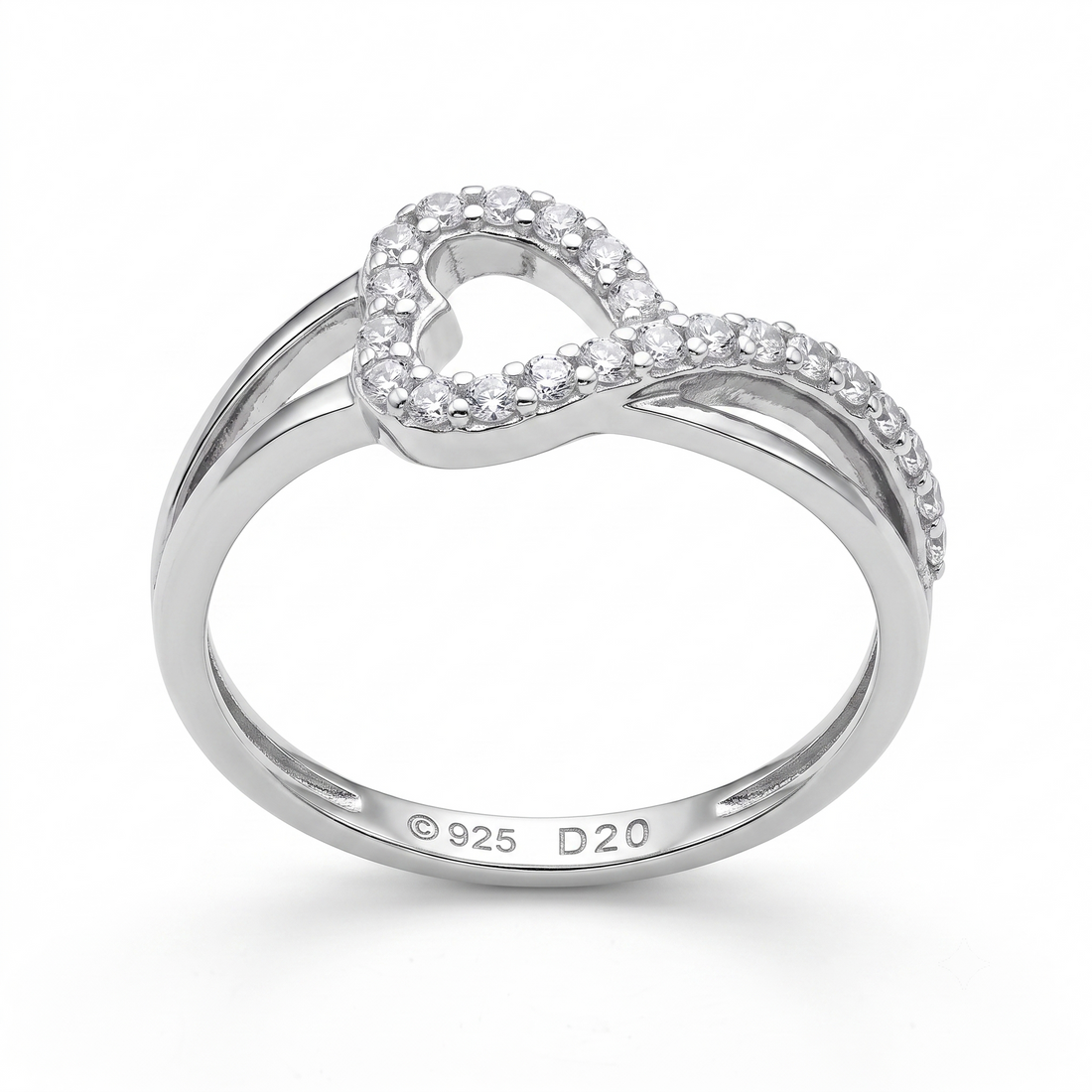 Silvme Heart Infinity 925 sterling silver ring for women set with cubic zirconia — front view on white background